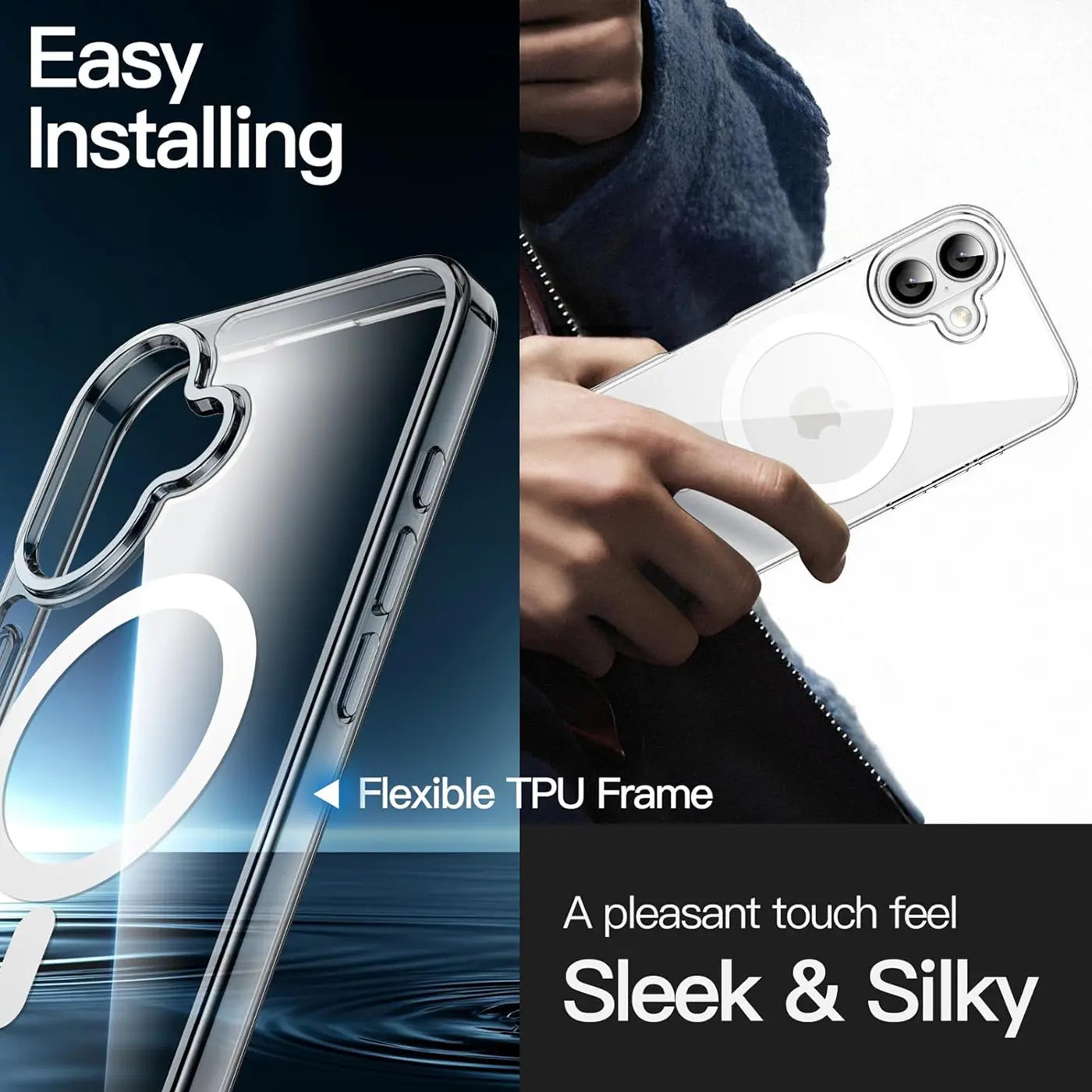 Transparente Silikonhülle mit MagSafe-Ring für iPhone 17, Nahaufnahme, von vorne und Seite