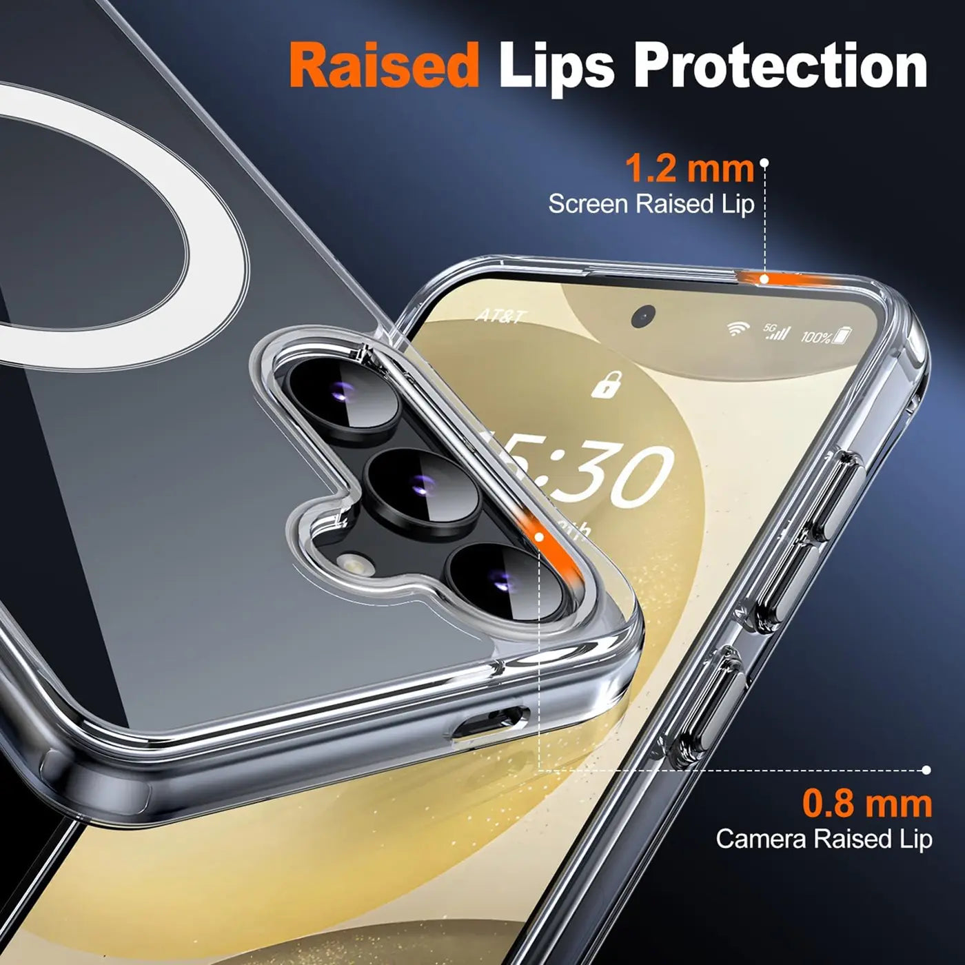 Transparente Silikonhülle mit MagSafe für Samsung Galaxy S24 FE, Nahaufnahme, von oben