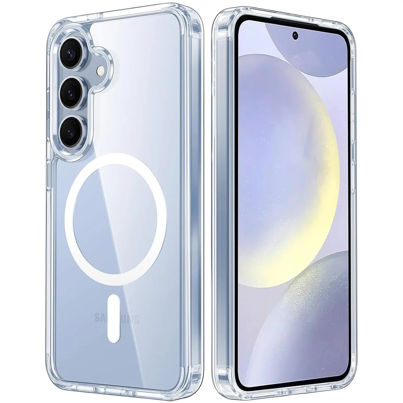 Transparente Silikonhülle mit MagSafe-Ring für Samsung Galaxy S24, Rück- und Vorderansicht.