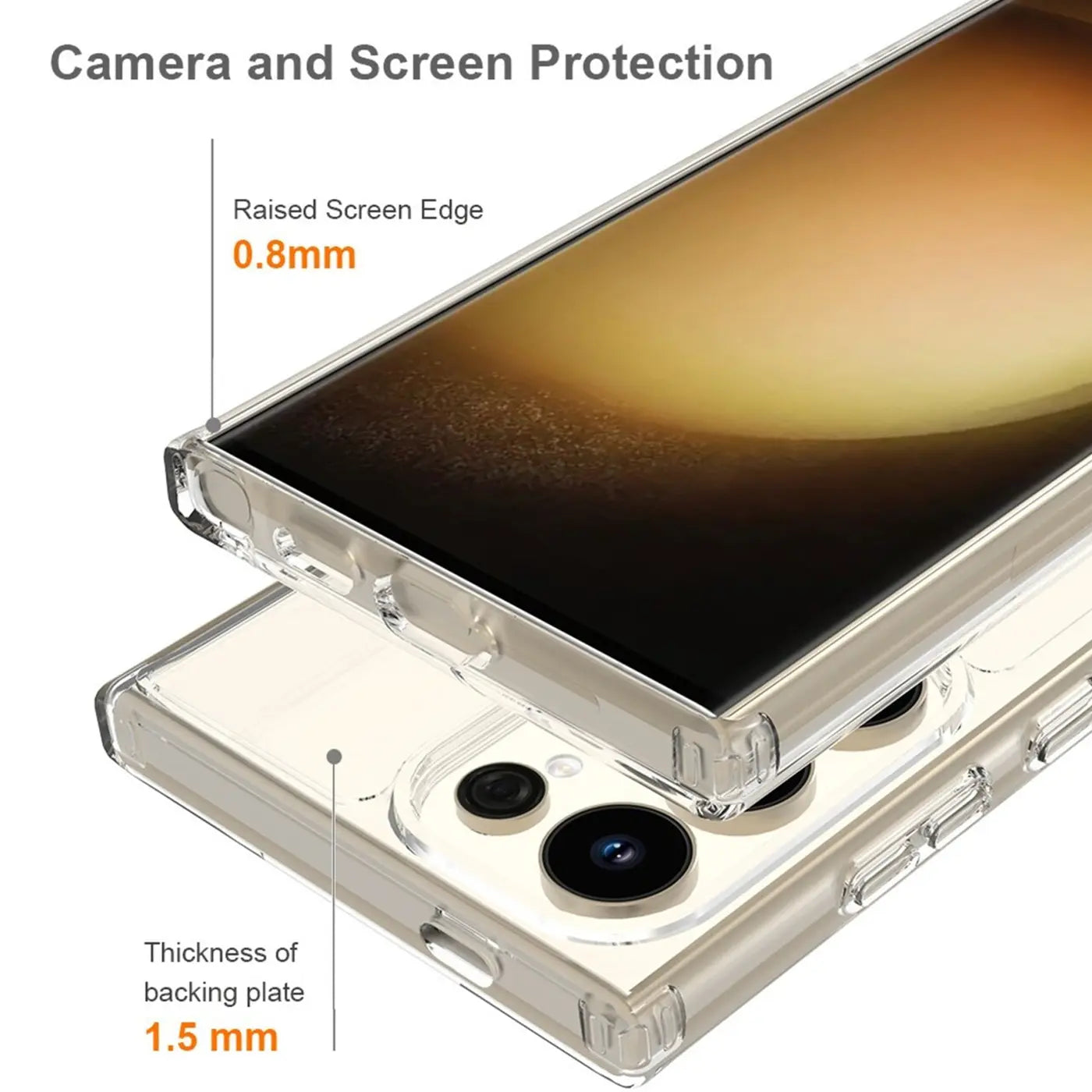 Transparente Silikonhülle für Samsung S24 Ultra, Nahaufnahme, zeigt erhöhten Rand.