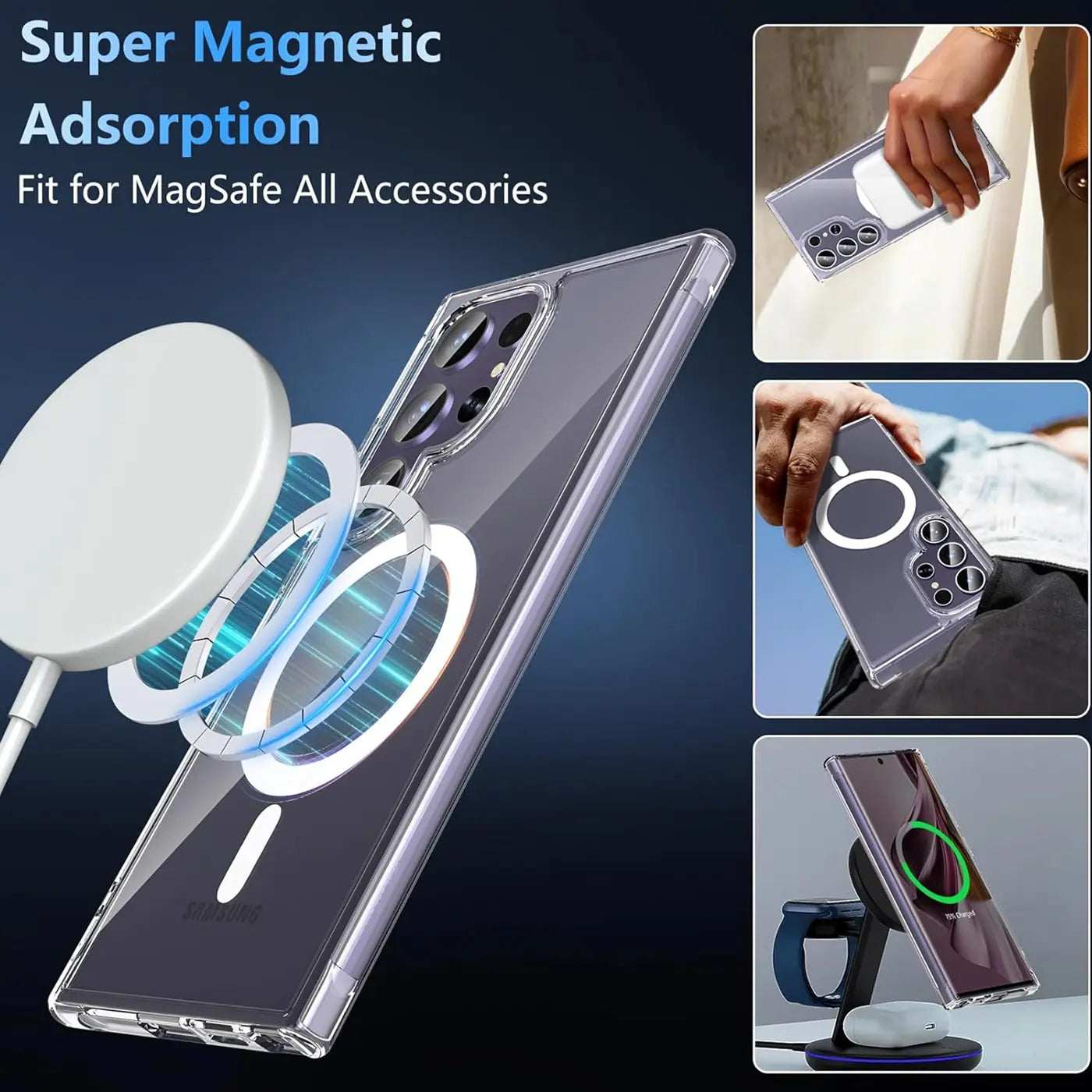 Transparente Silikonhülle für Samsung S24 Ultra mit MagSafe-Ring, Nahaufnahme.