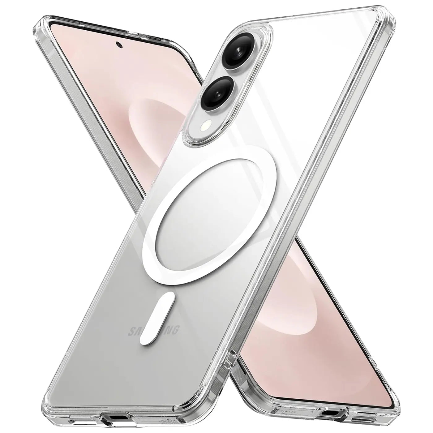 Transparente Silikonhülle mit MagSafe-Ring auf einem Samsung Galaxy S25 Edge, von schräg oben.