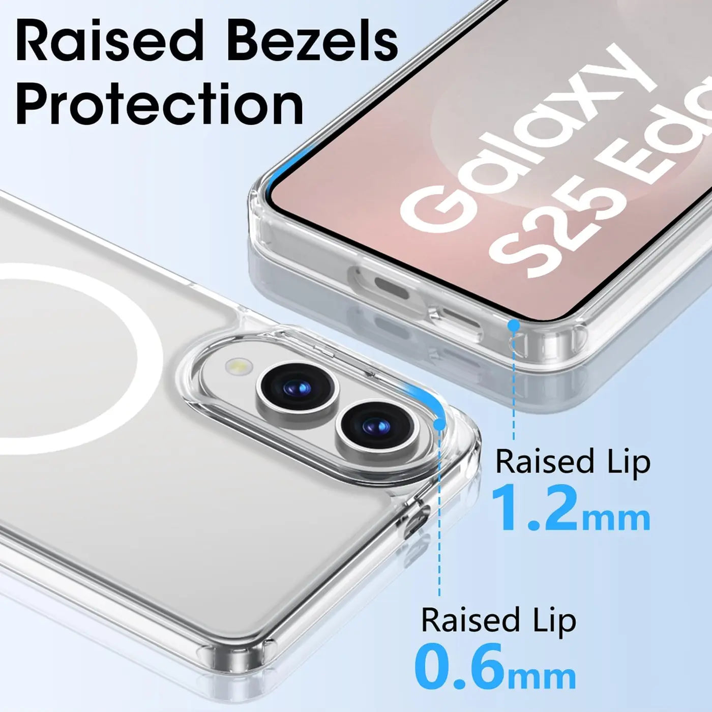 Transparente Silikonhülle mit MagSafe-Ring auf Samsung Galaxy S25 Edge, Nahaufnahme