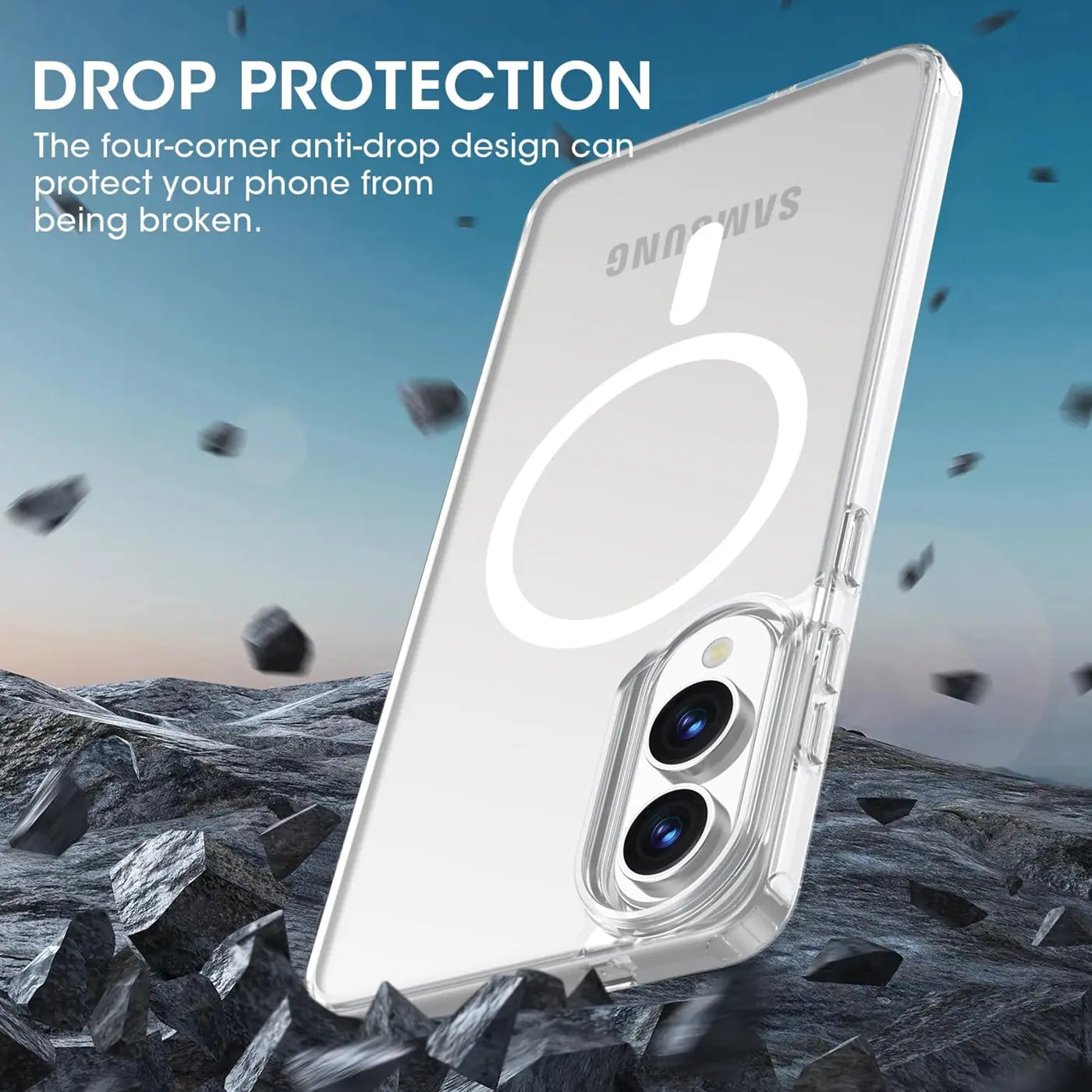 Transparente Silikonhülle mit MagSafe-Ring für Samsung Galaxy S25 Edge, von schräg unten