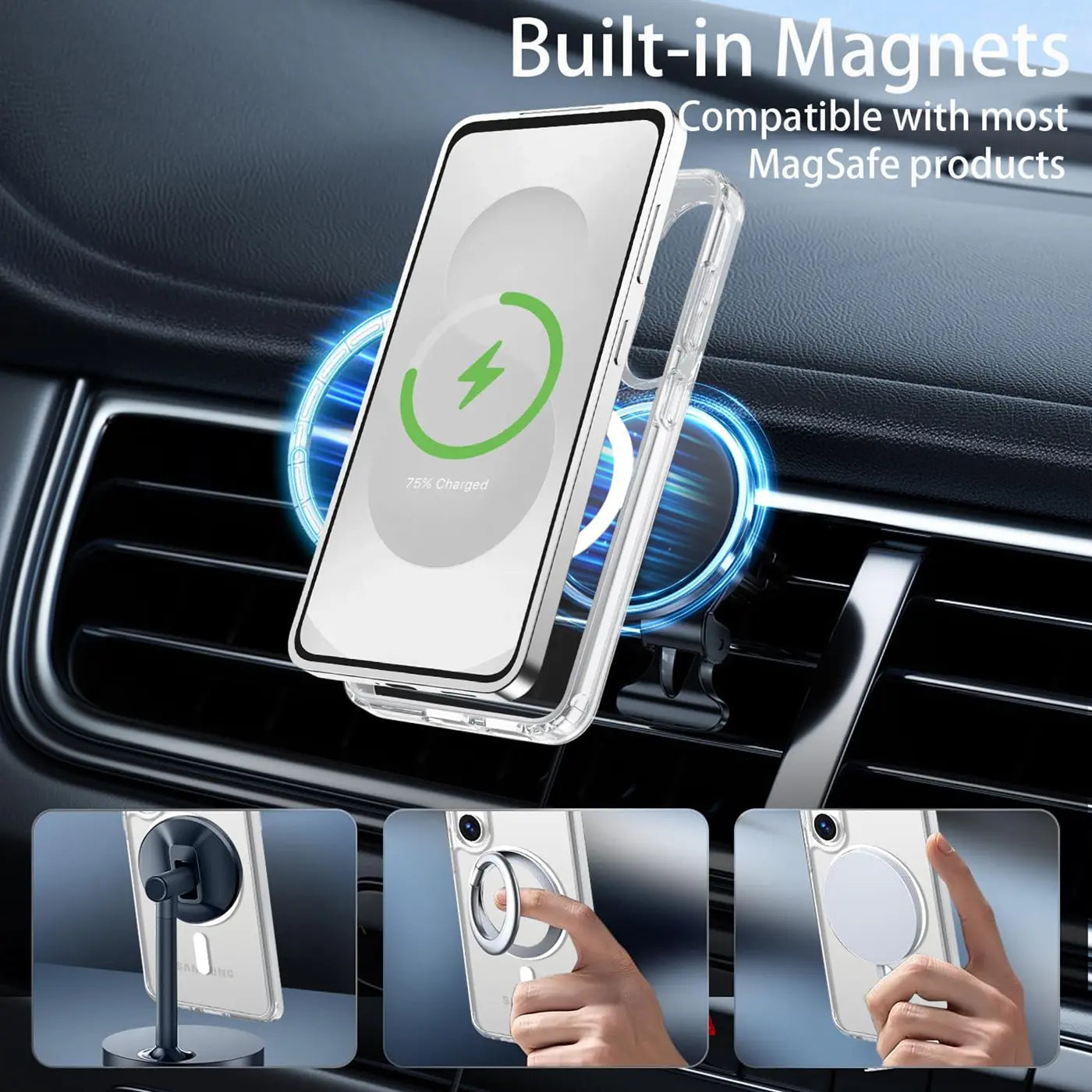 Transparente Silikonhülle mit MagSafe-Magneten an einem Handy in einem Auto-Lüftungsschlitz.