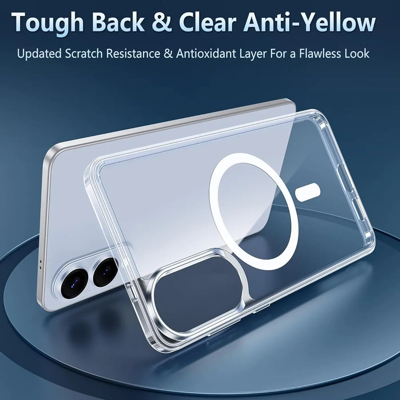 Transparente Silikonhülle mit MagSafe-Ring auf einem silbernen Smartphone, Seitenansicht.