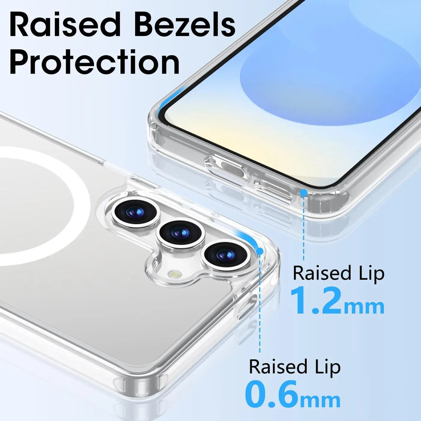Transparente Silikonhülle mit MagSafe für Samsung Galaxy S25 FE, Nahaufnahme der Kamera, von oben