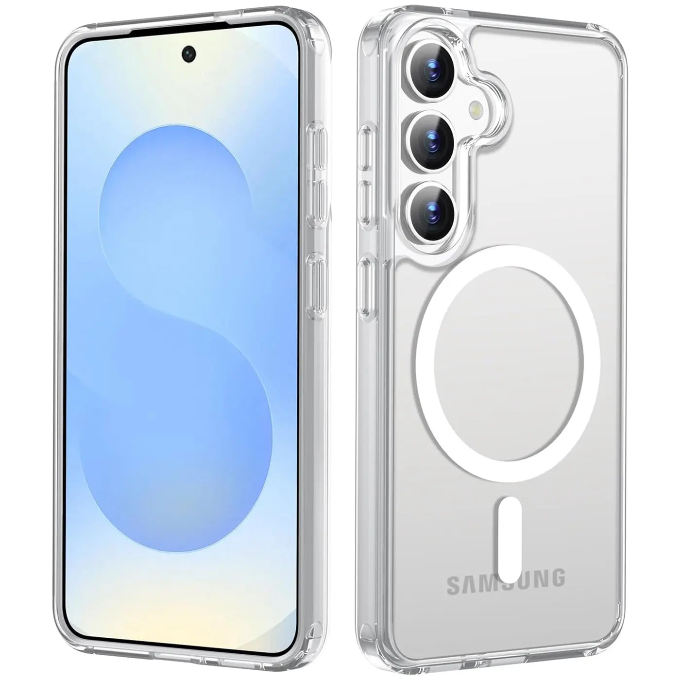 Transparente Silikonhülle mit MagSafe-Ring für Samsung Galaxy S25 FE, Vorder- und Rückansicht.