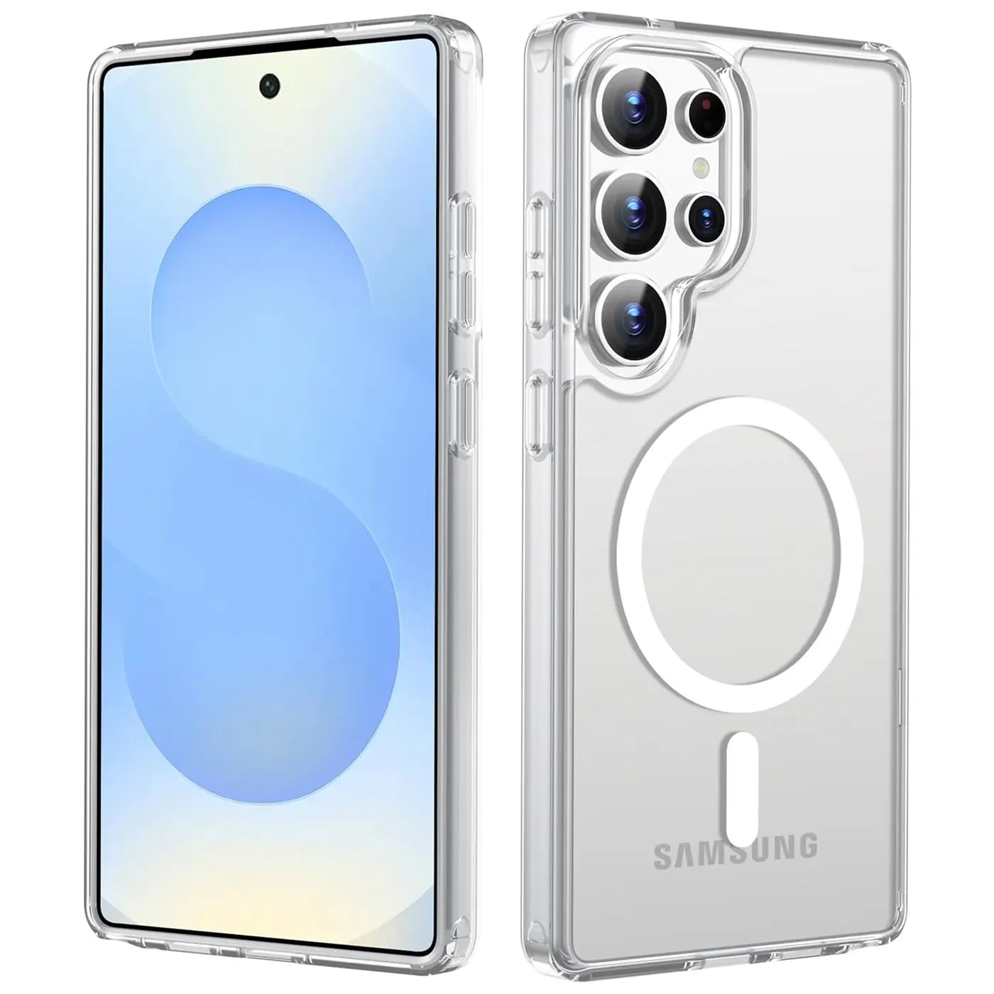Transparente Silikonhülle mit MagSafe für Samsung Galaxy S25 Ultra, Vorder- und Rückansicht.