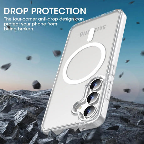 Transparente Silikonhülle mit MagSafe-Ring für Samsung Galaxy S26, von schräg unten gesehen.