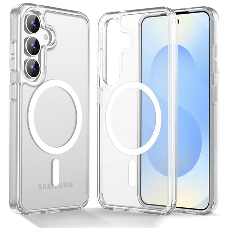 Transparente Silikonhülle mit MagSafe-Ring für Samsung Galaxy S26, von vorne und seitlich gezeigt.
