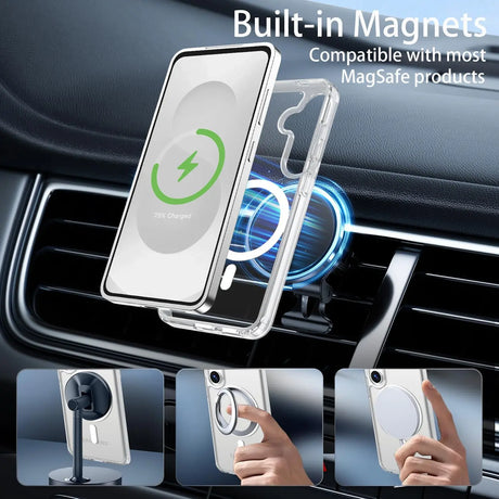 Transparente Silikonhülle mit MagSafe für Samsung S26, Nahaufnahme, im Auto montiert