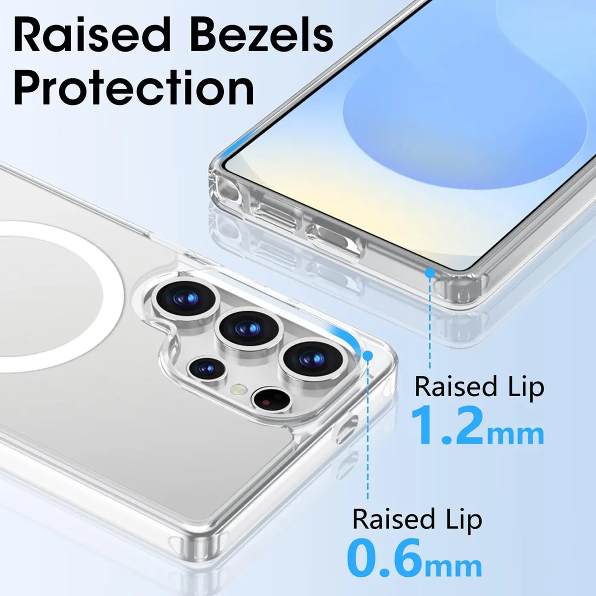 Transparente Silikonhülle mit MagSafe-Ring auf einem Smartphone, Nahaufnahme der Kamera und des Displays.