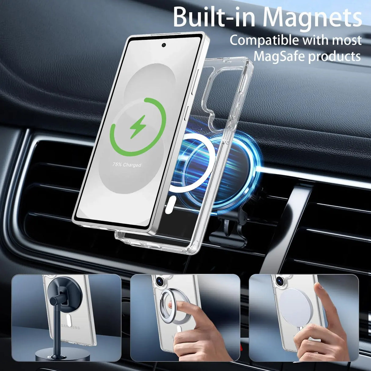 Transparente Silikonhülle mit MagSafe-Magneten, befestigt an einer Autolüftung, zeigt ein S26 Ultra.