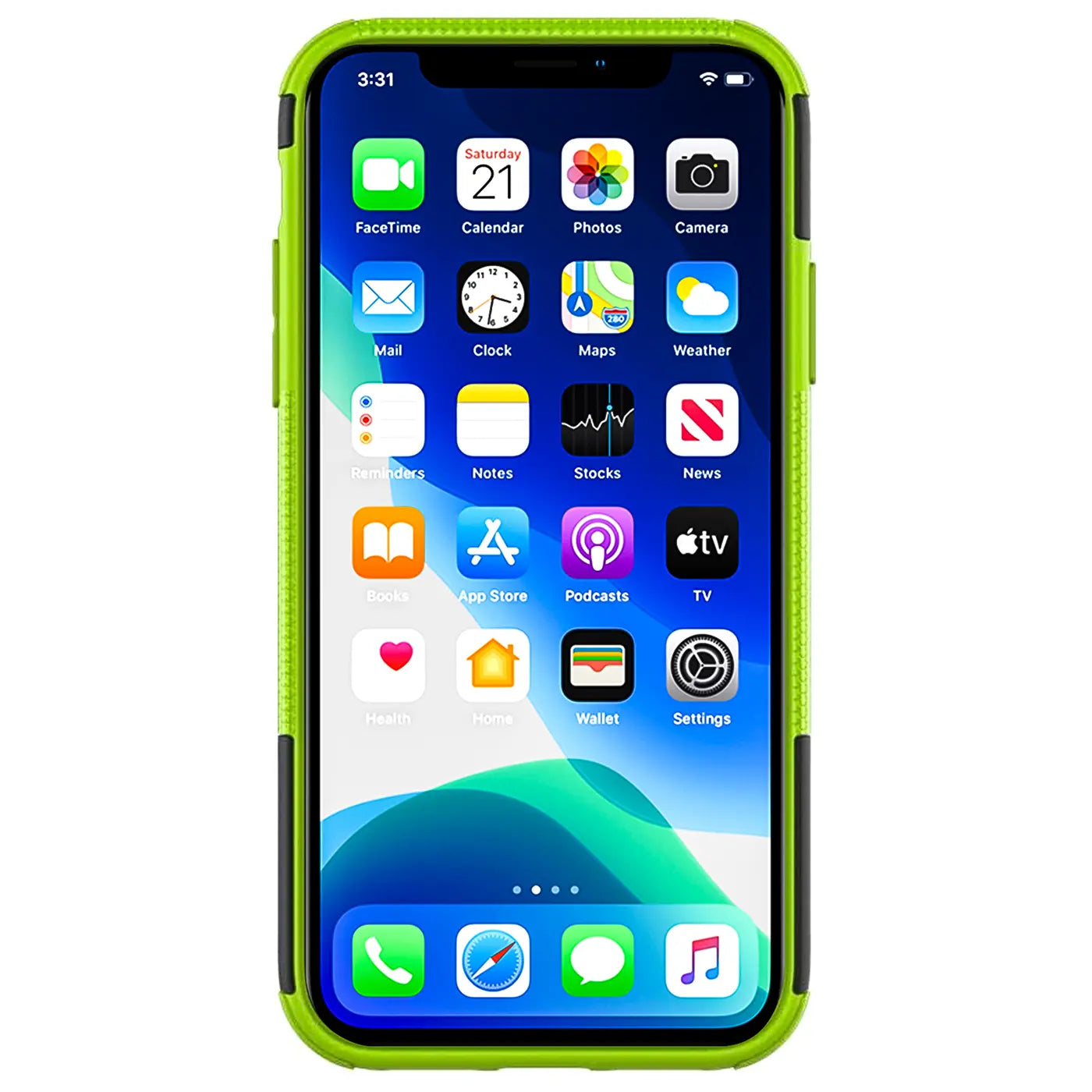 iPhone 11 mit neongrüner Hülle, von vorne, mit sichtbarem Bildschirm.