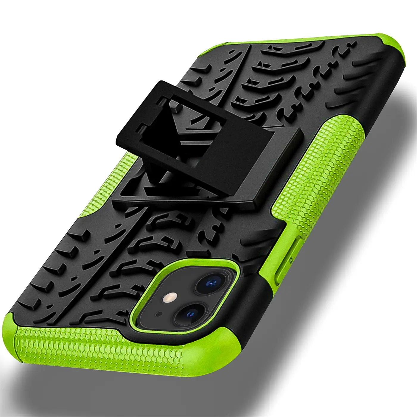 Schwarze und grüne Outdoor-Hülle mit Ständer für iPhone 11, von oben rechts gesehen.