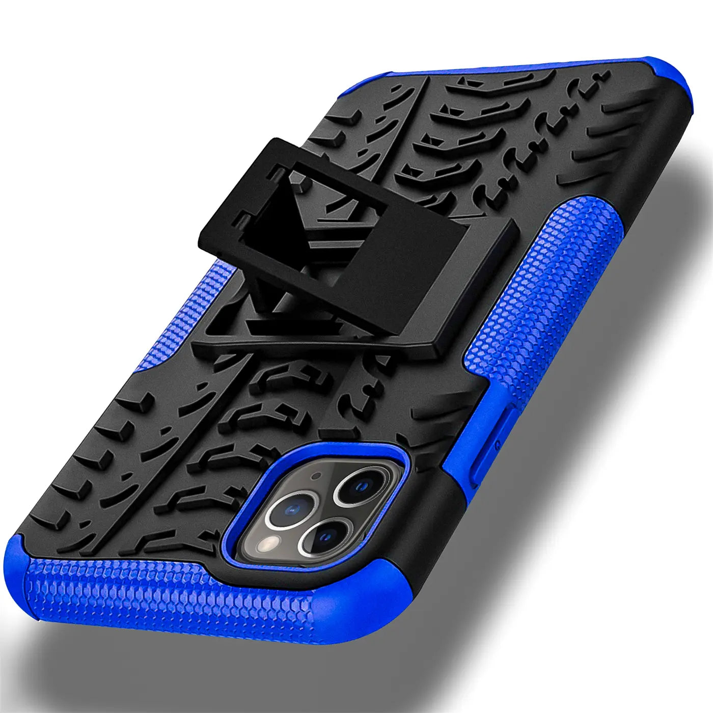 Schwarze und blaue Outdoor-Hülle aus Gummi/Kunststoff mit Ständer für iPhone 11 Pro.