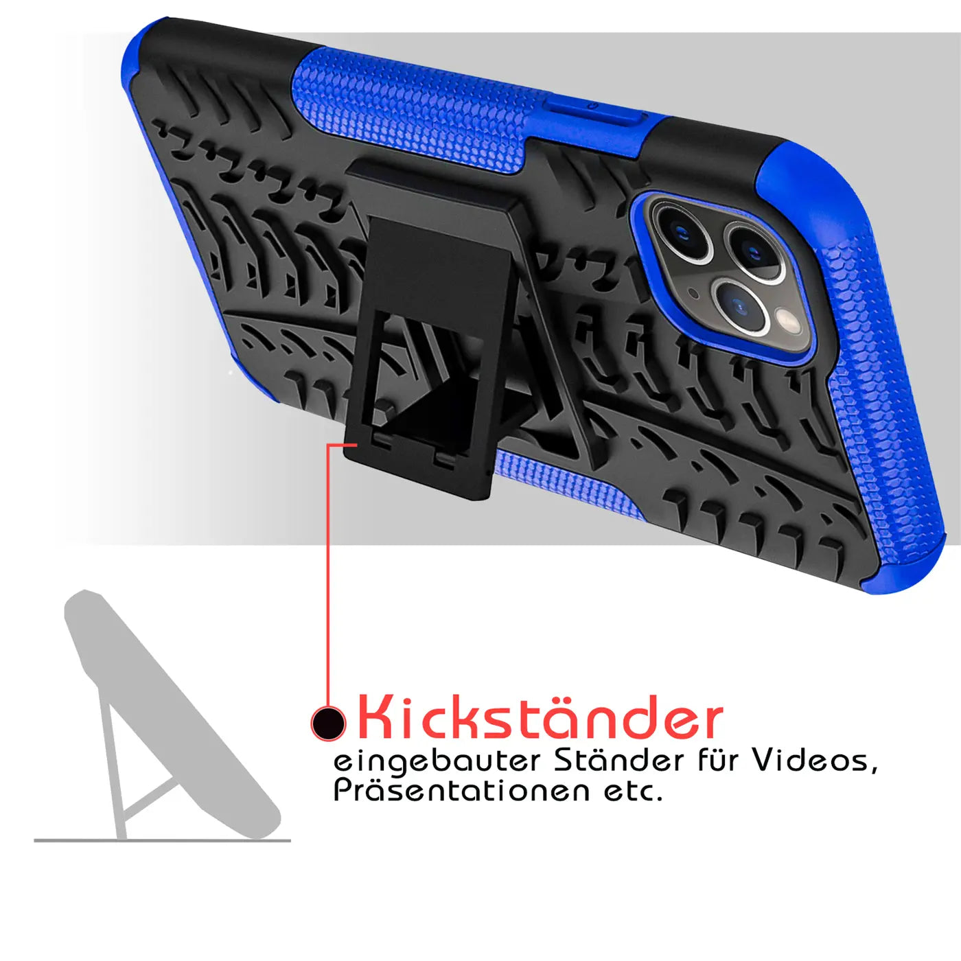 Blau-schwarze Handyhülle aus Gummi/Kunststoff mit integriertem Kickstand für iPhone 11 Pro.