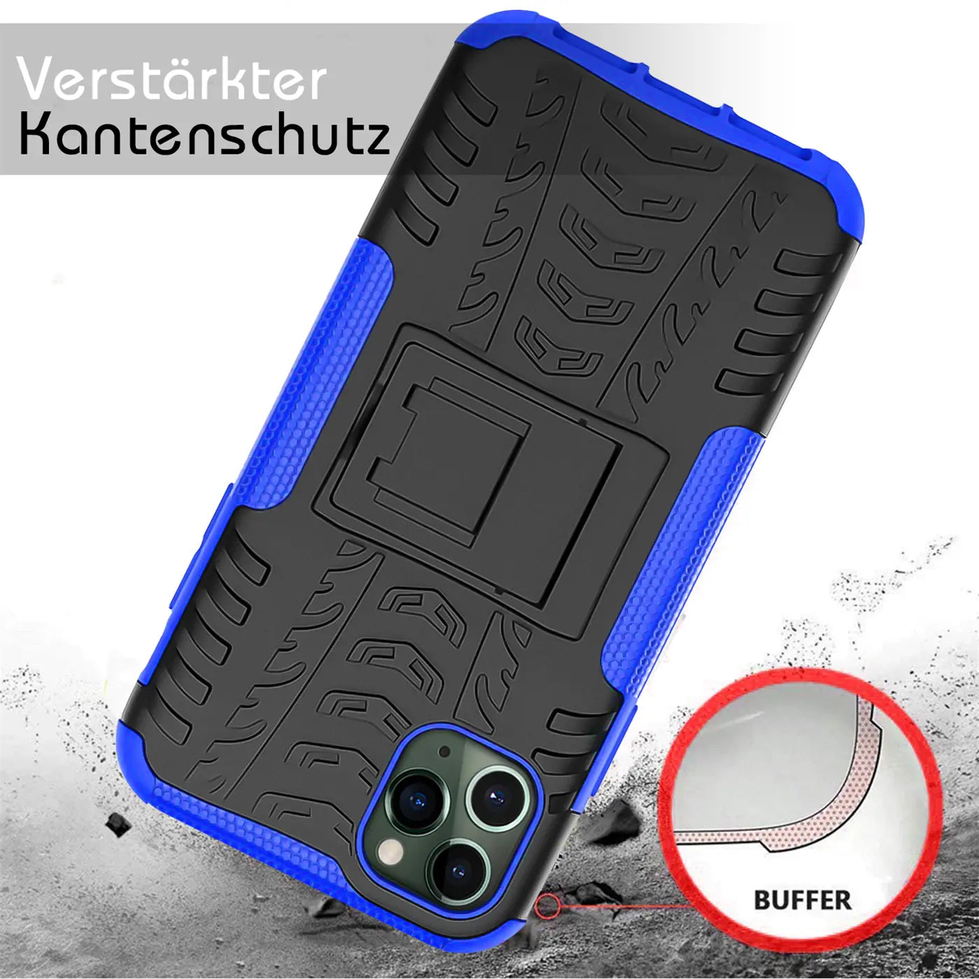 Schwarze und blaue Outdoor-Hülle aus Kunststoff mit Ständer für iPhone 11 Pro, von schräg oben gezeigt.