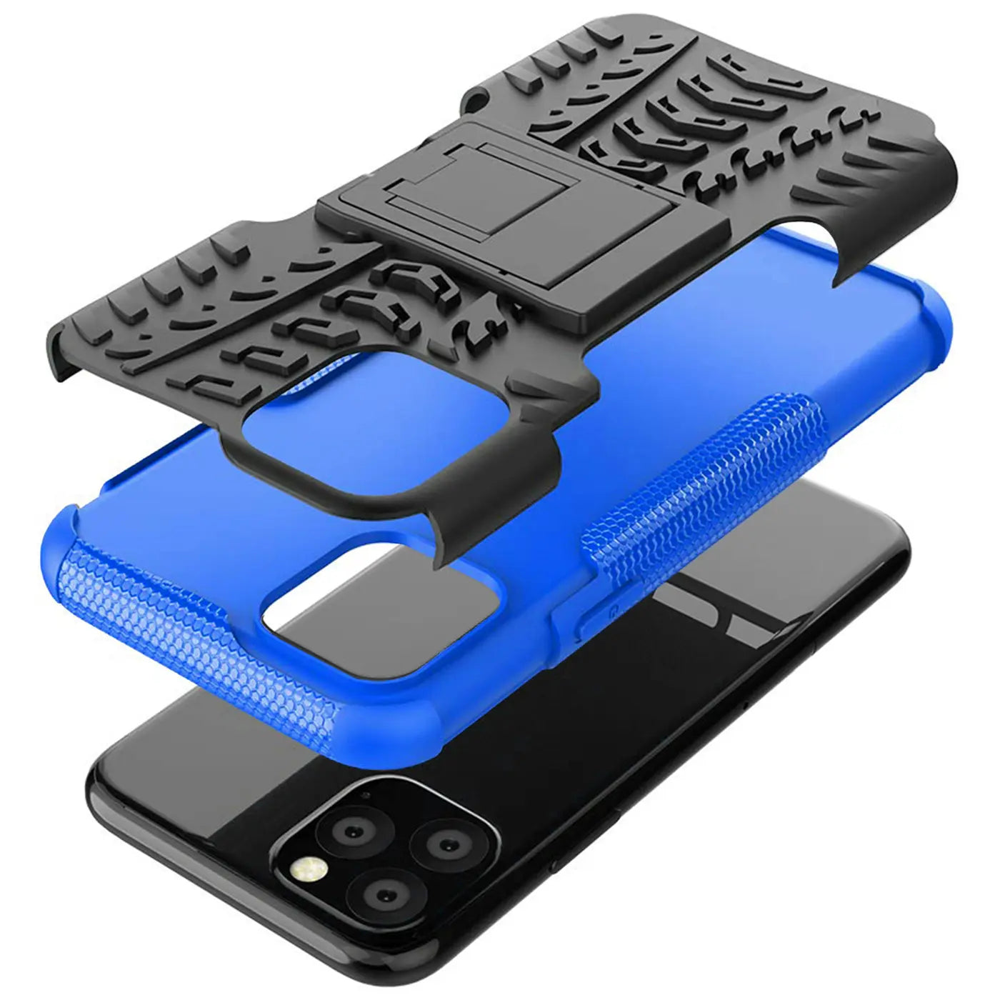 3-teilige Hülle, blau/schwarz, aus Kunststoff, mit integriertem Ständer, für iPhone 11 Pro.