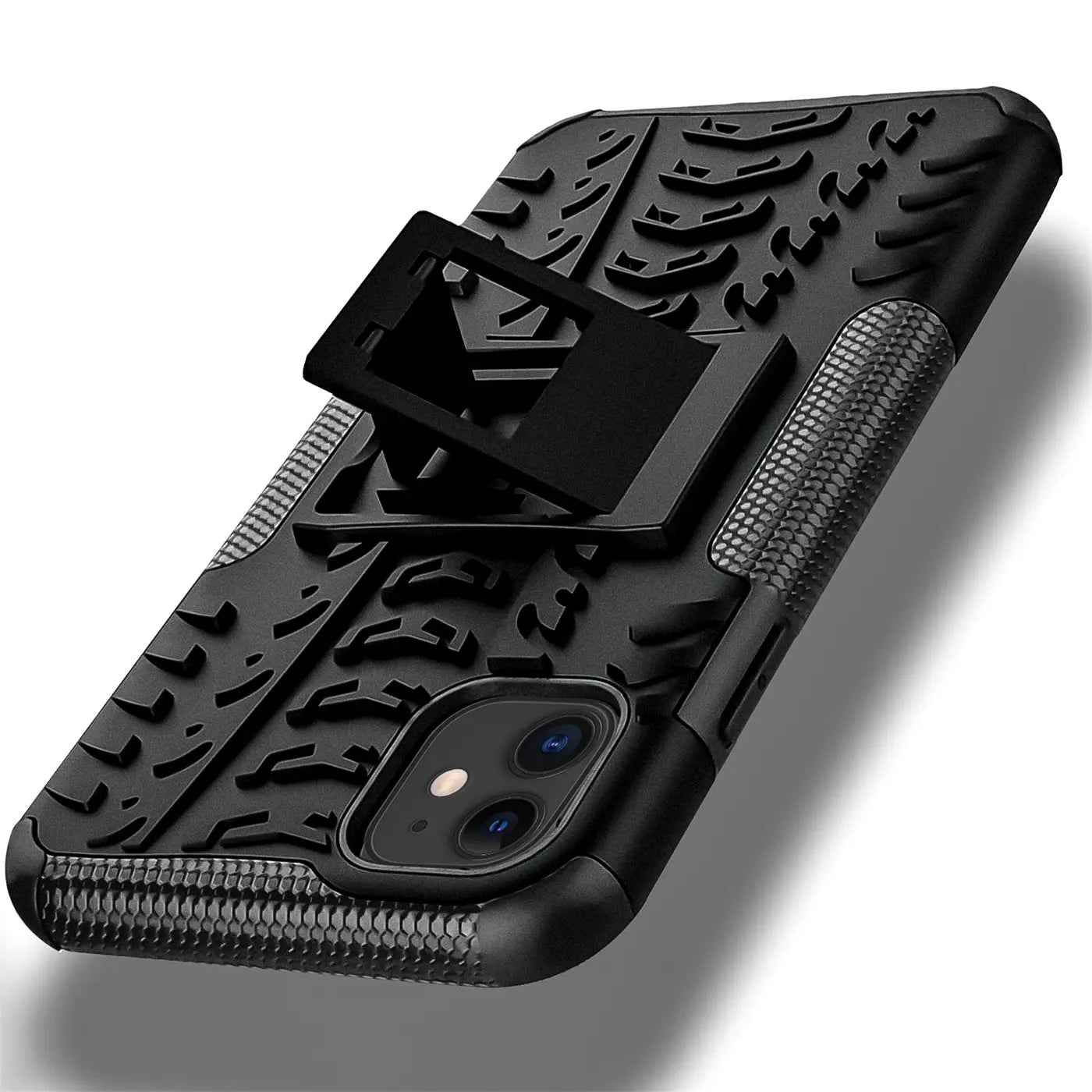 Schwarze Outdoor-Hülle aus Gummi mit Ständer für iPhone 11, von schräg oben
