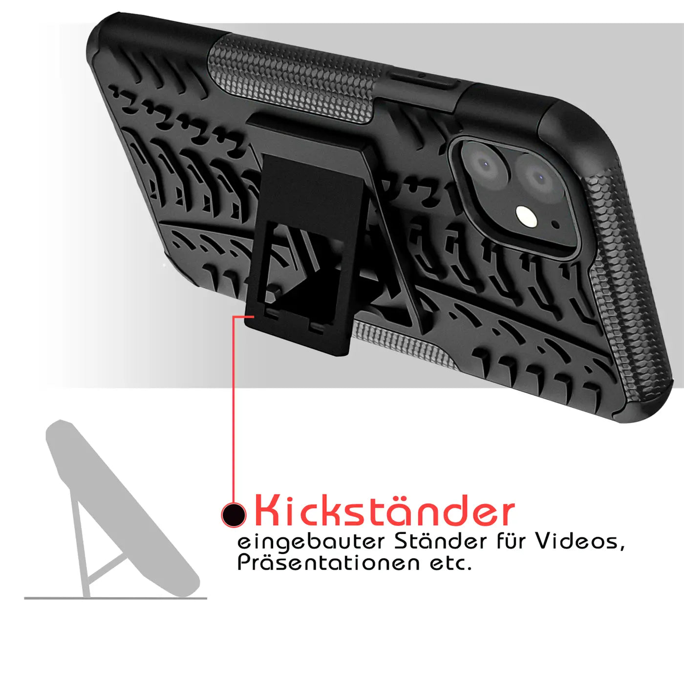Schwarzes iPhone 11 Outdoor Case aus Gummi mit ausklappbarem Ständer, Seitenansicht.