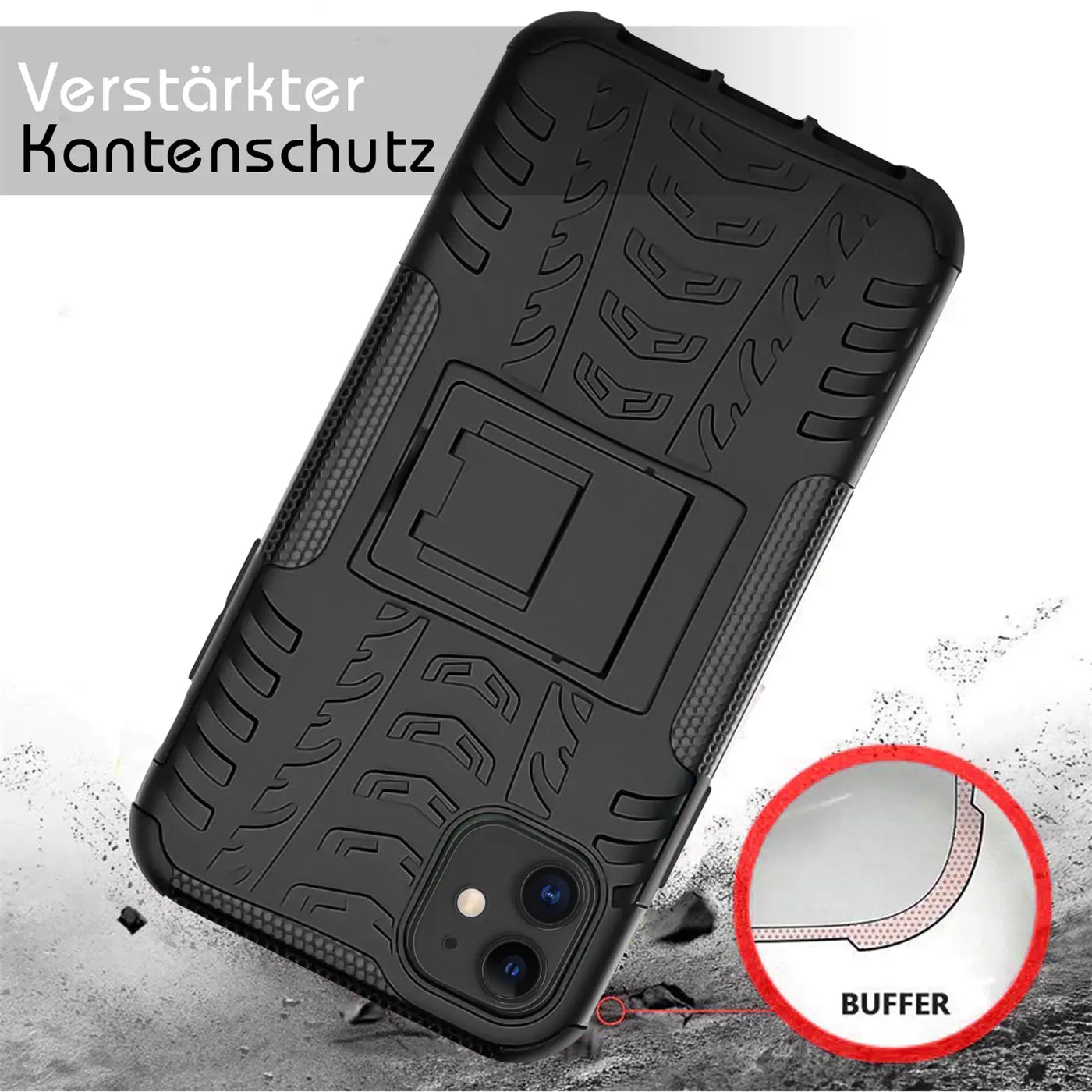 Schwarze Outdoor-Hülle aus Kunststoff für iPhone 11 mit Ständer, von schräg oben gesehen.