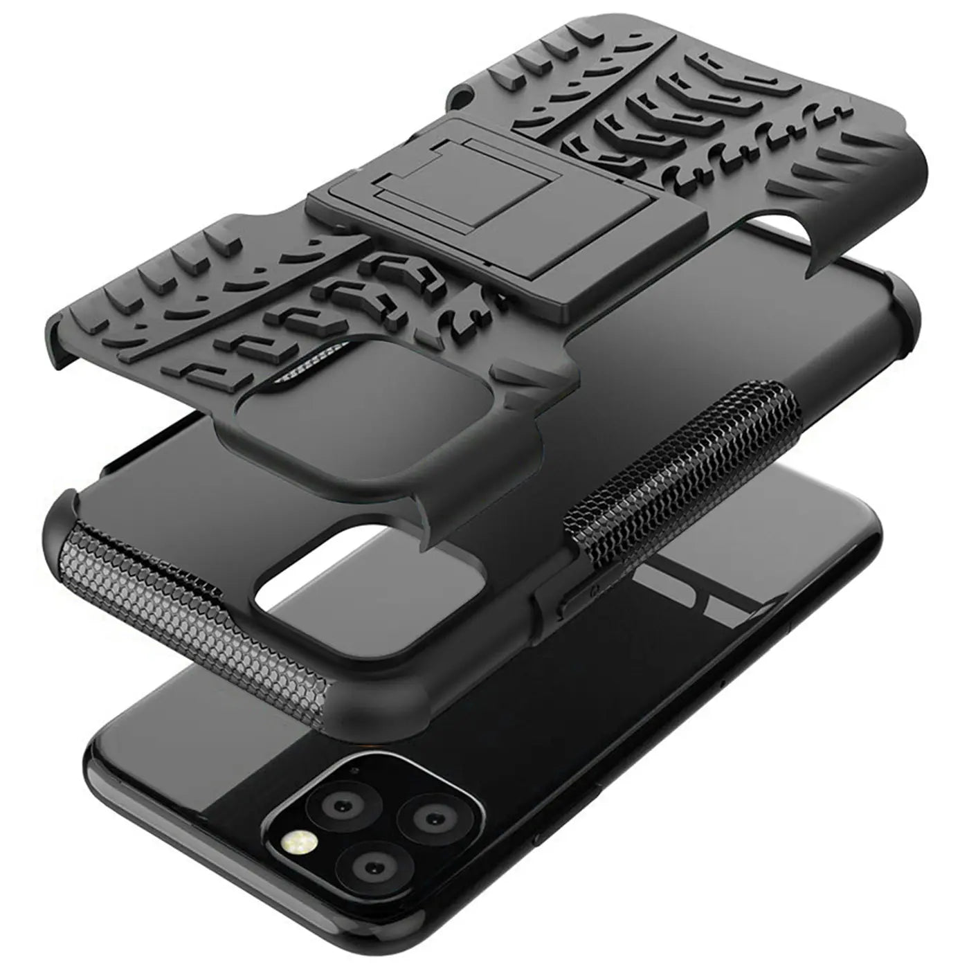 Schwarze 2-teilige Outdoor-Hülle aus Kunststoff für iPhone 11, von oben, mit integriertem Ständer.