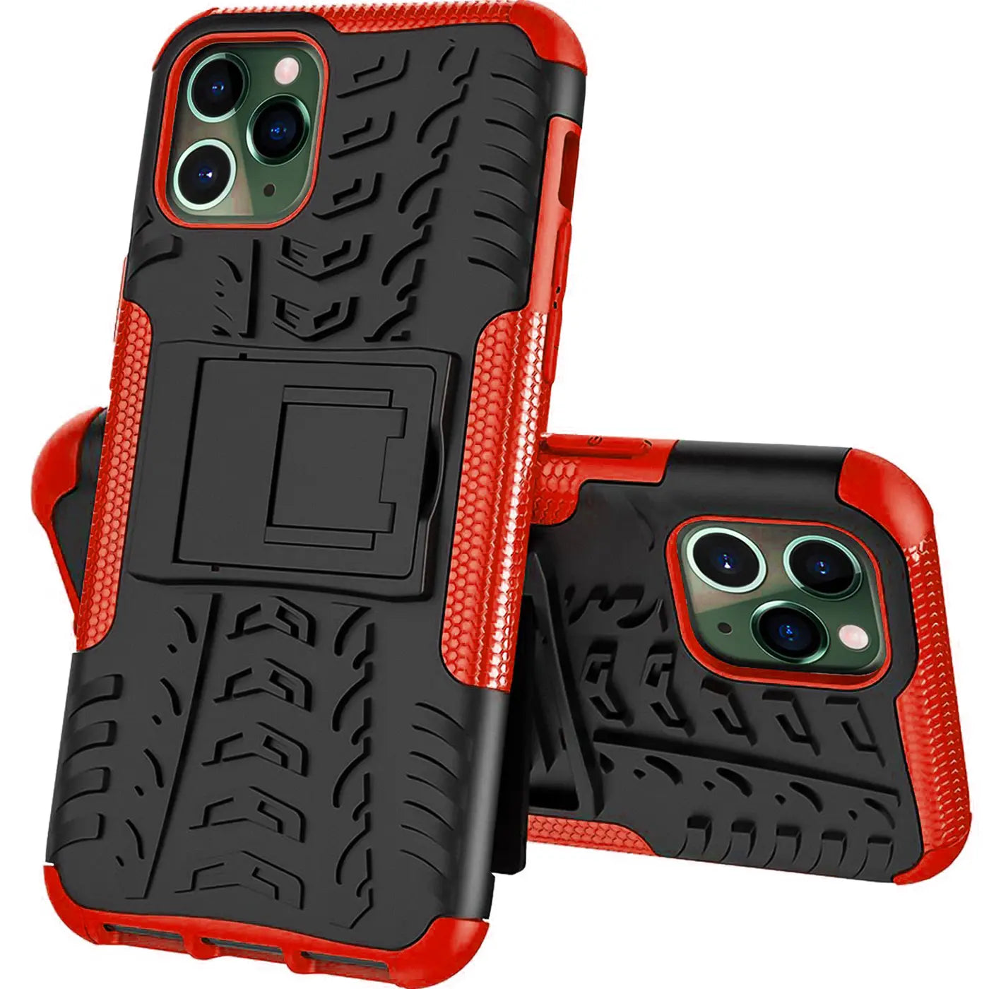 Schwarze und rote Outdoor-Hülle mit Reifenprofil und Ständer für iPhone 12 Mini.