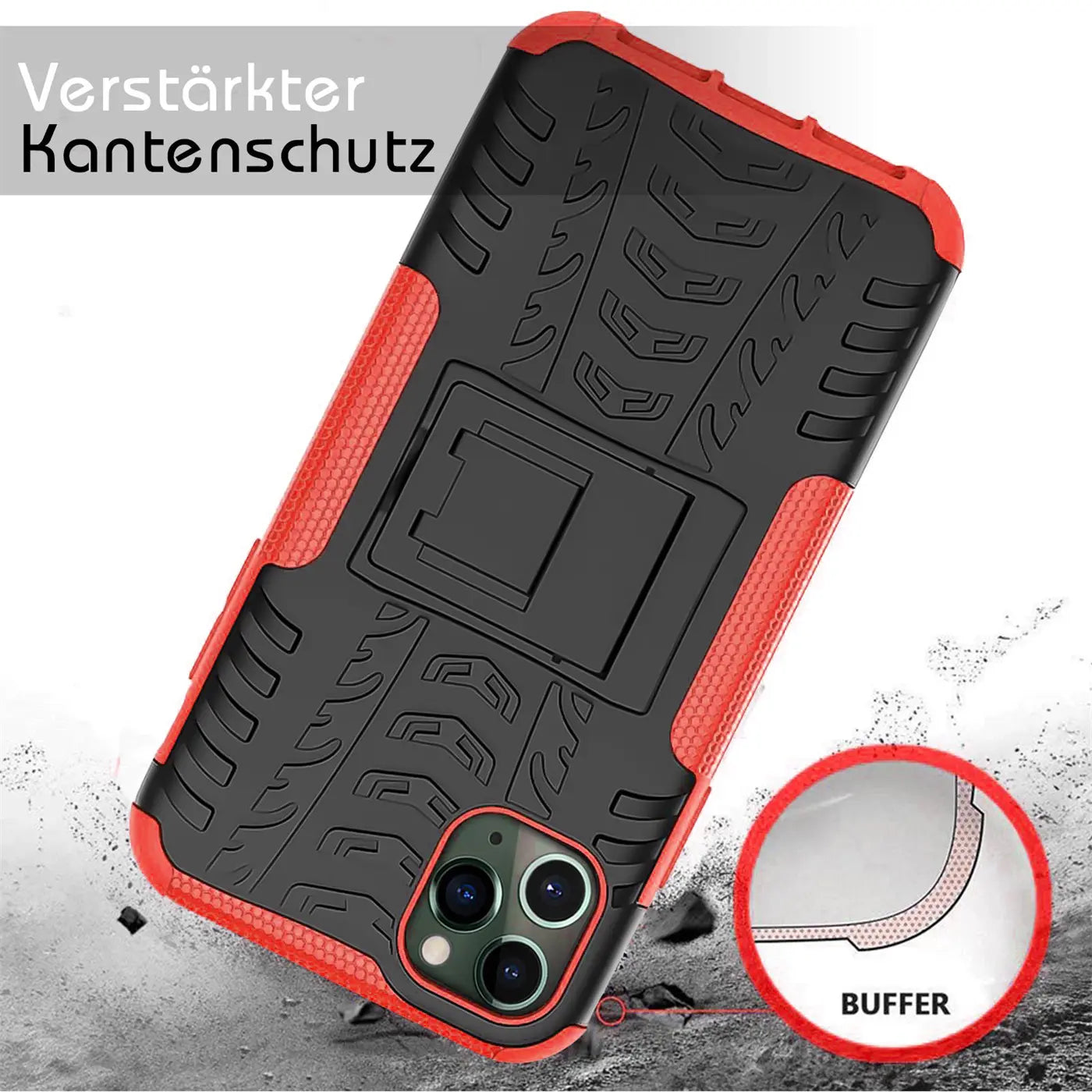 Rote und schwarze Outdoor-Hülle mit Ständer, aus Kunststoff, von vorne schräg.