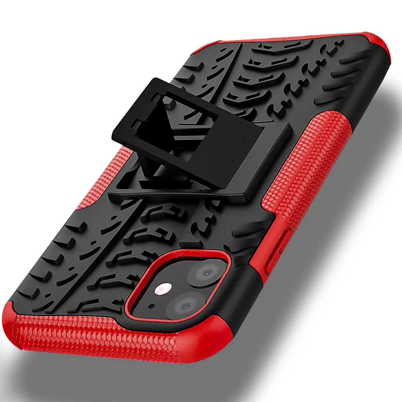Rote und schwarze Outdoor-Hülle mit Ständer für iPhone 12 Mini, von oben links betrachtet.