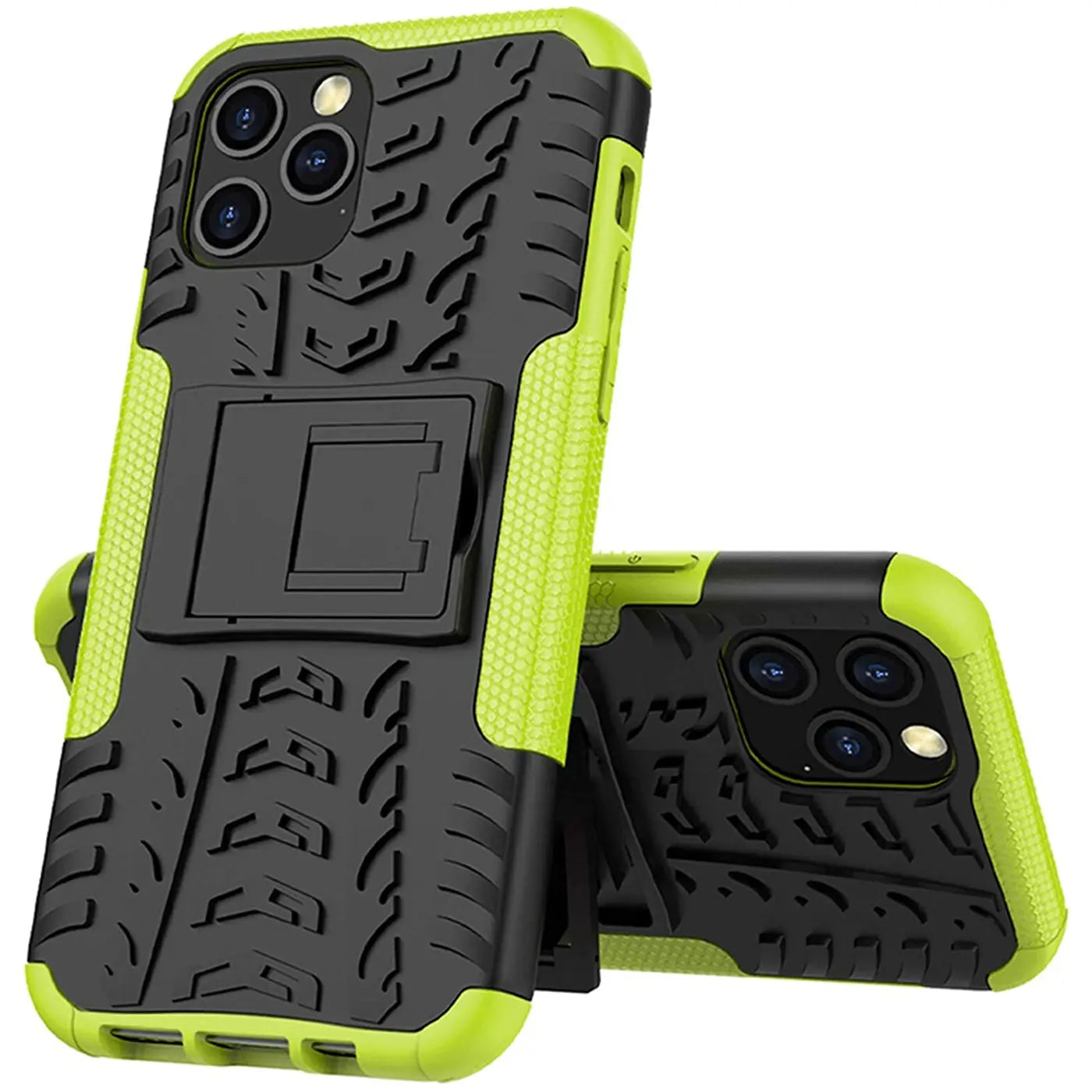 Grüne und schwarze Outdoor-Hülle für iPhone 12 Pro Max, 2-teilig, mit Ständer.