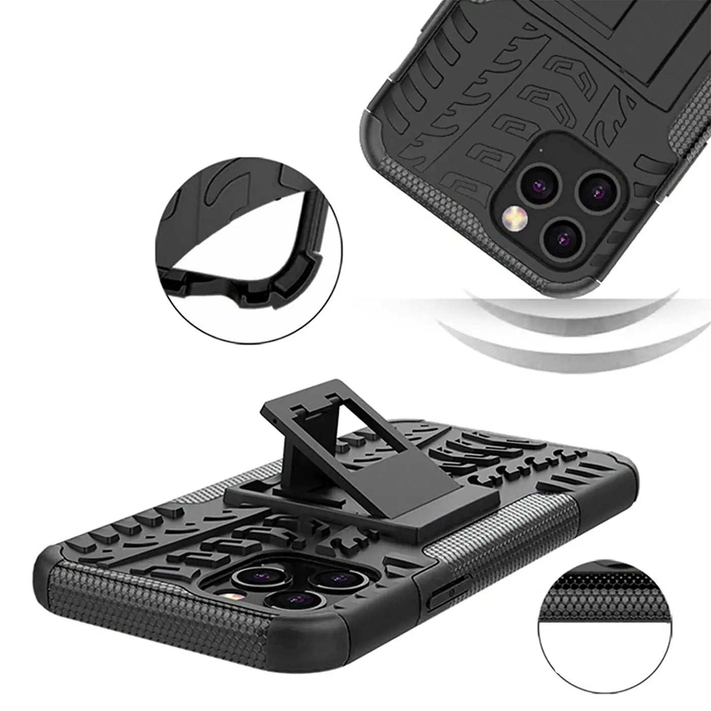 Schwarze Outdoor-Hülle aus Kunststoff mit Ständer für iPhone 12 Pro Max, Nahaufnahme.