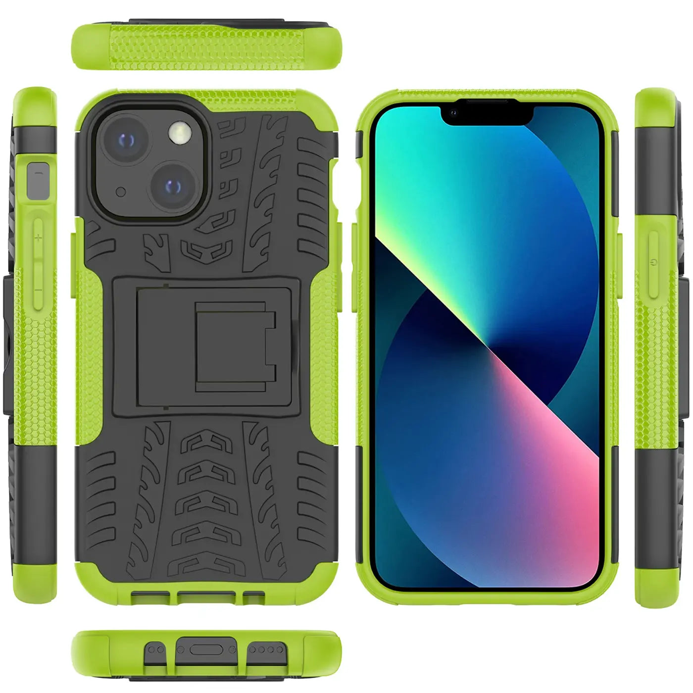 Grüne und schwarze Outdoor-Hülle, 2-teilig, mit Ständer, für iPhone 13.