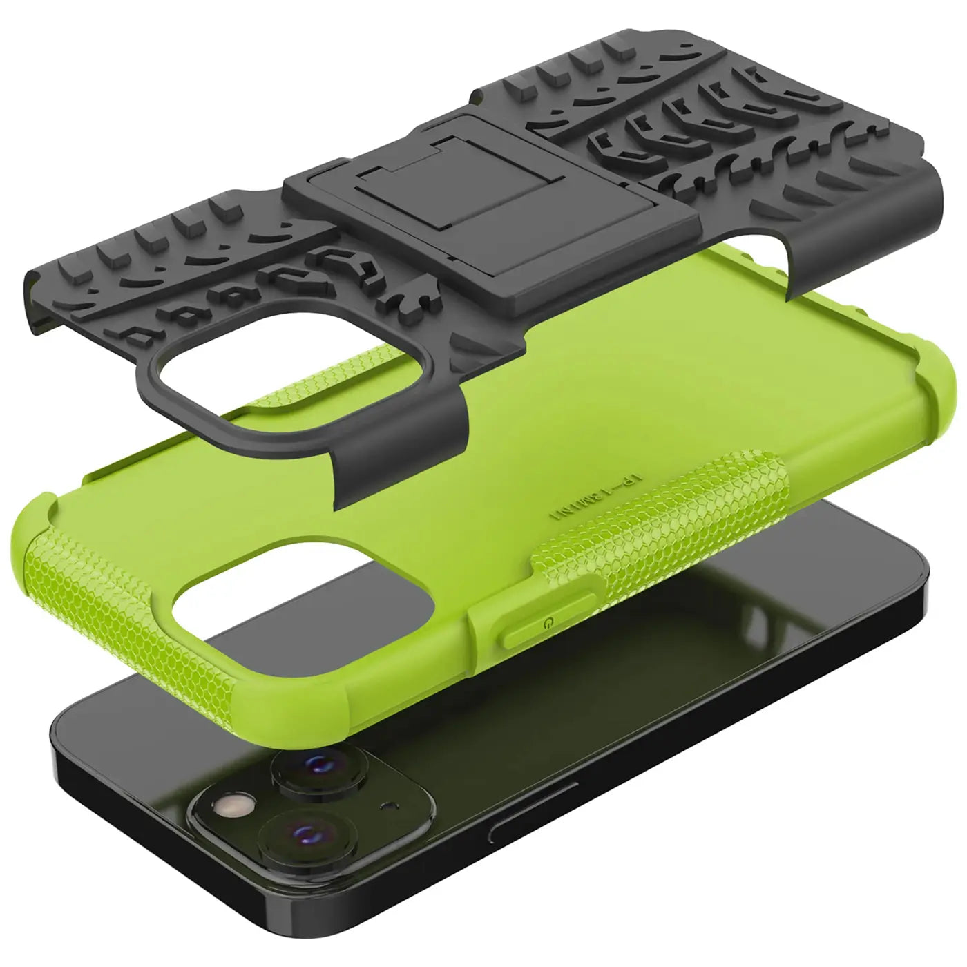 Grüne und schwarze 2-teilige Handyhülle aus Kunststoff, auseinandergezogen, über iPhone 13.
