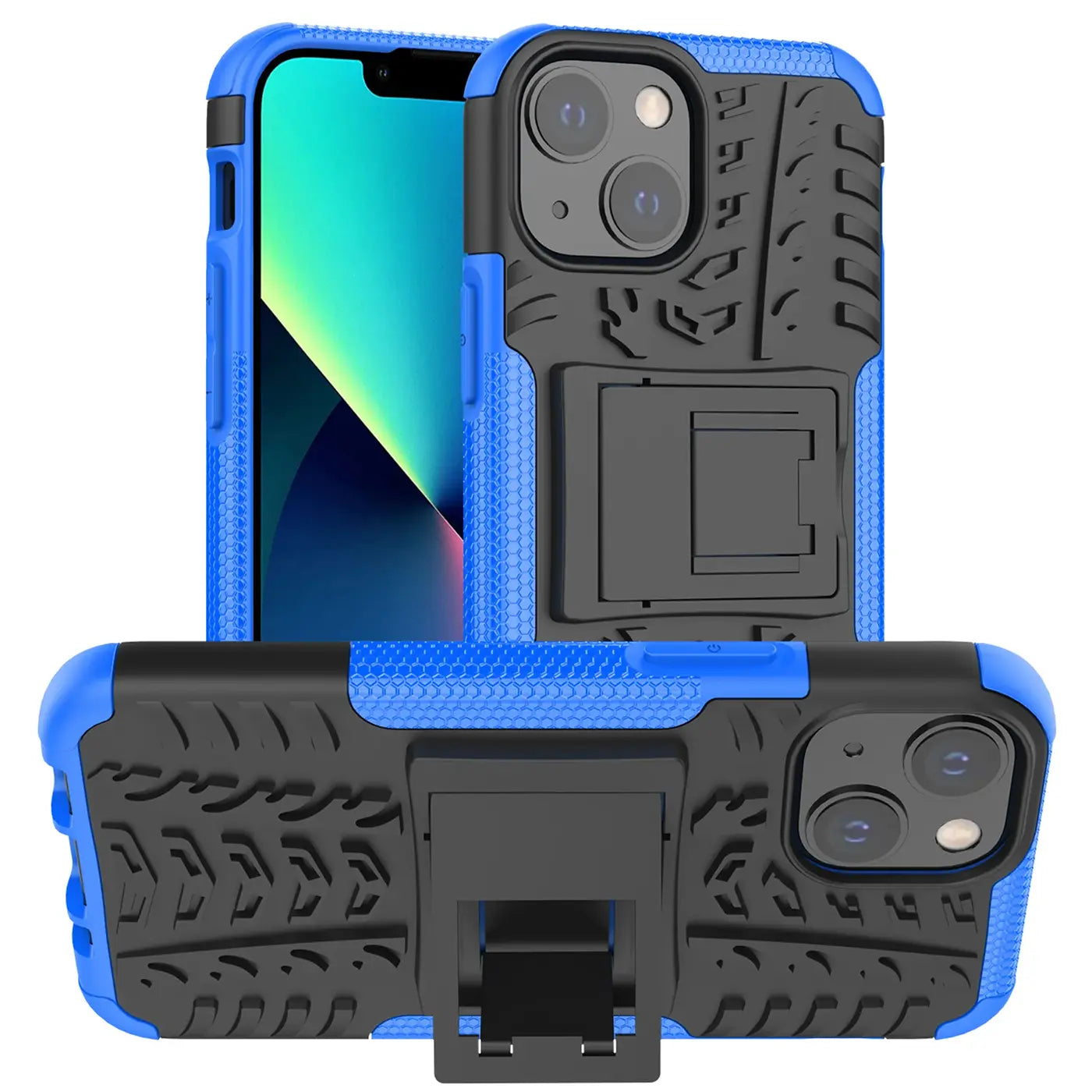Blaue und schwarze Outdoor-Hülle für iPhone 13 Mini, 2-teilig, stoßfest, mit Ständer.