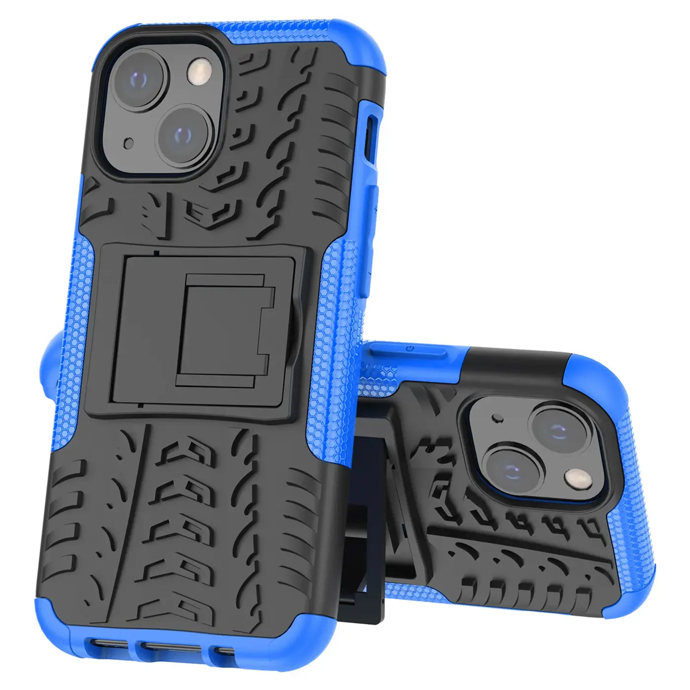 Blau/schwarze iPhone 13 Mini Hülle aus Kunststoff mit Reifenprofil und Ständer.