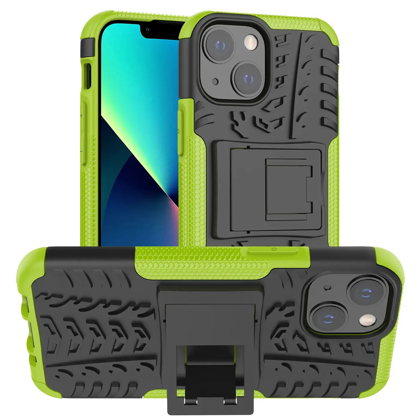Grüne und schwarze iPhone 13 Mini Hülle, 2-teilig, mit Ständer.