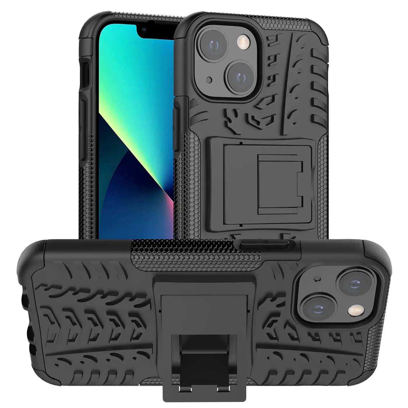 Schwarze Outdoor-Hülle aus Kunststoff für iPhone 13 Mini mit Ständer, von vorne und von der Seite gezeigt.