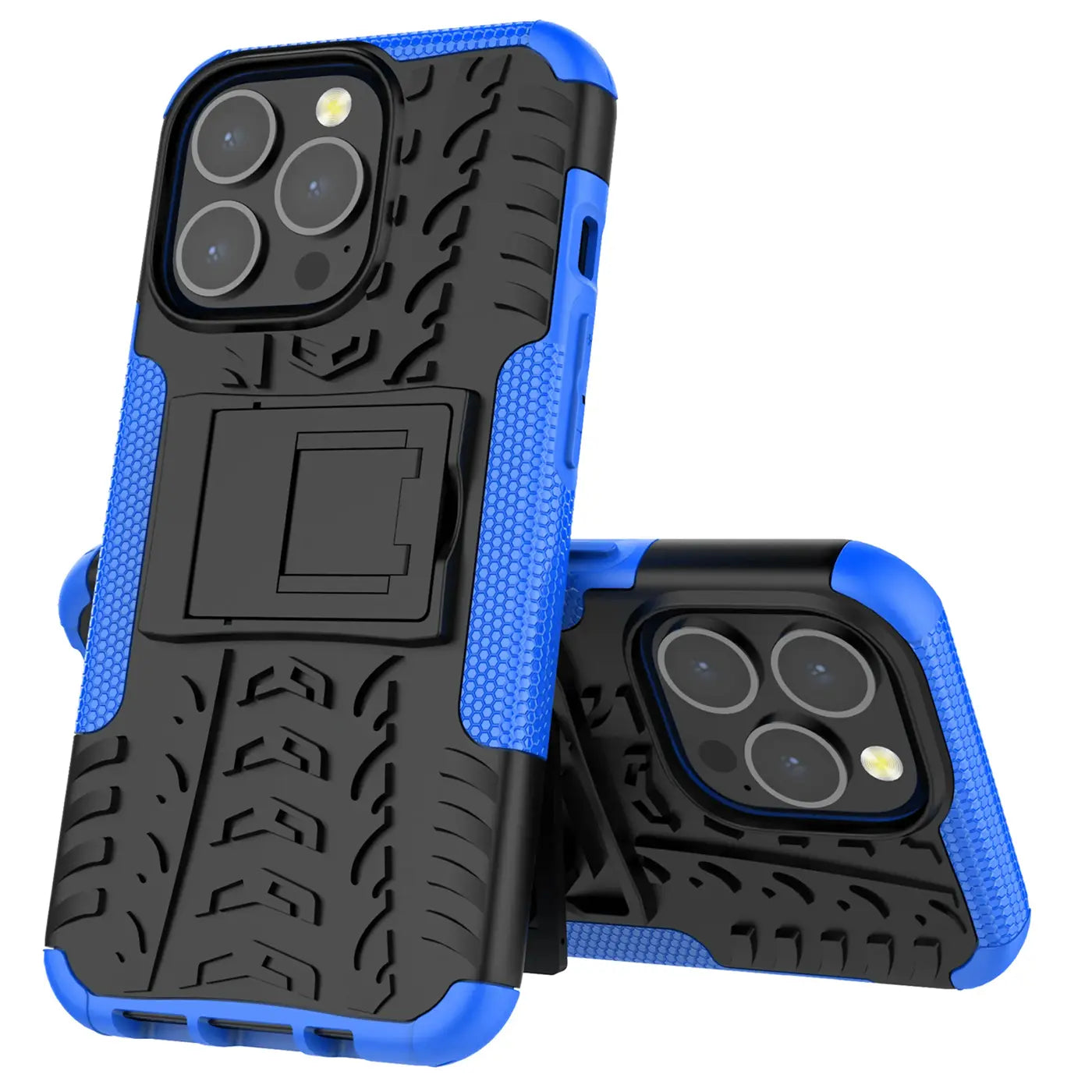 Blaue und schwarze Outdoor-Hülle aus Kunststoff mit Ständer für iPhone 13 Pro, von vorne leicht schräg.