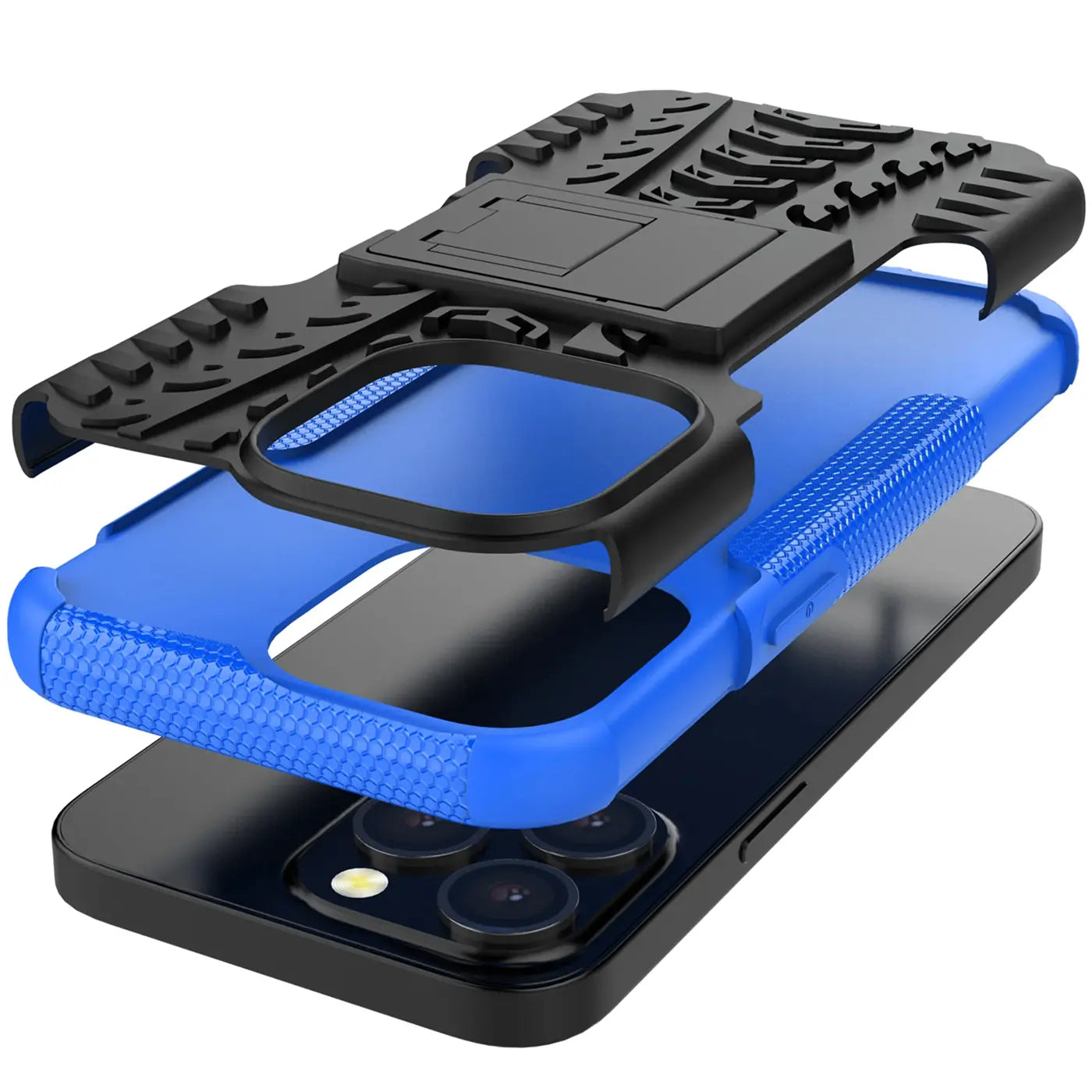 Explodierte Ansicht einer blauen und schwarzen Hülle aus Kunststoff für ein iPhone 13 Pro.