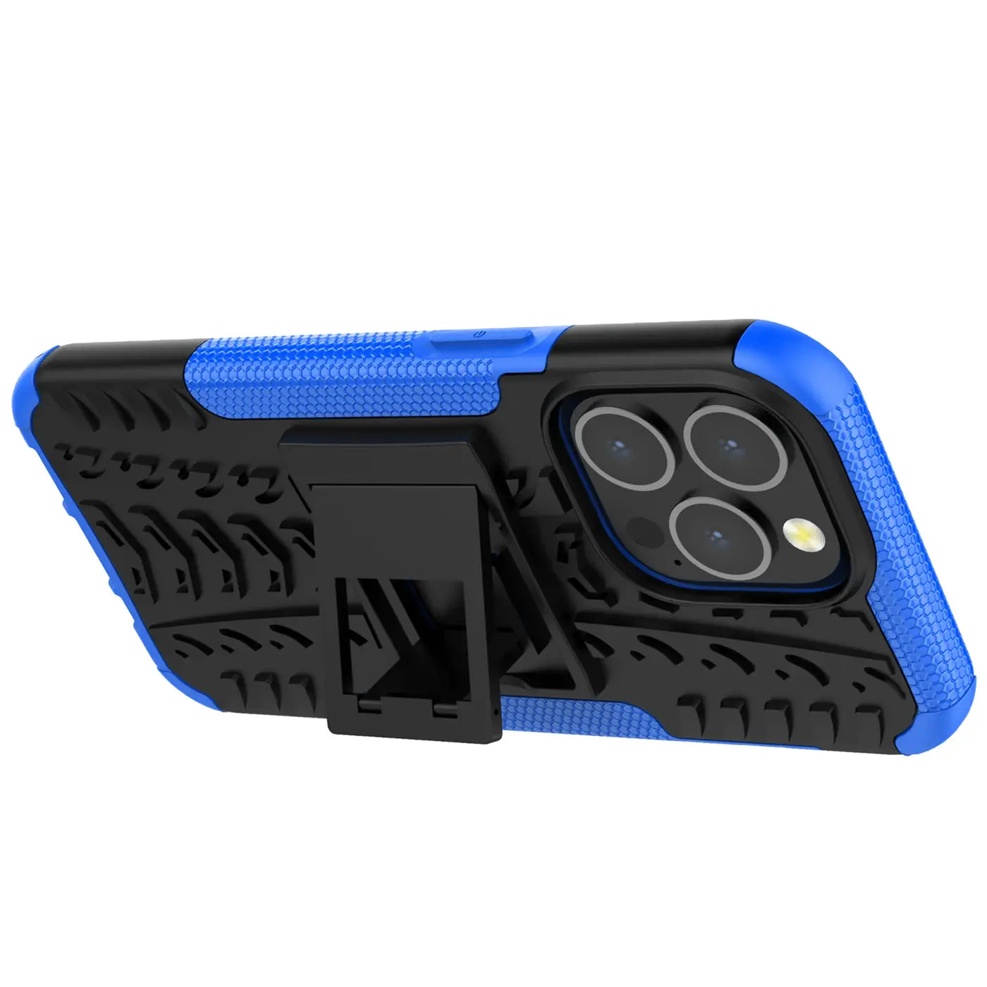 Blau-schwarze Outdoor-Hülle mit Ständer für iPhone 13 Pro, von der Seite gesehen.