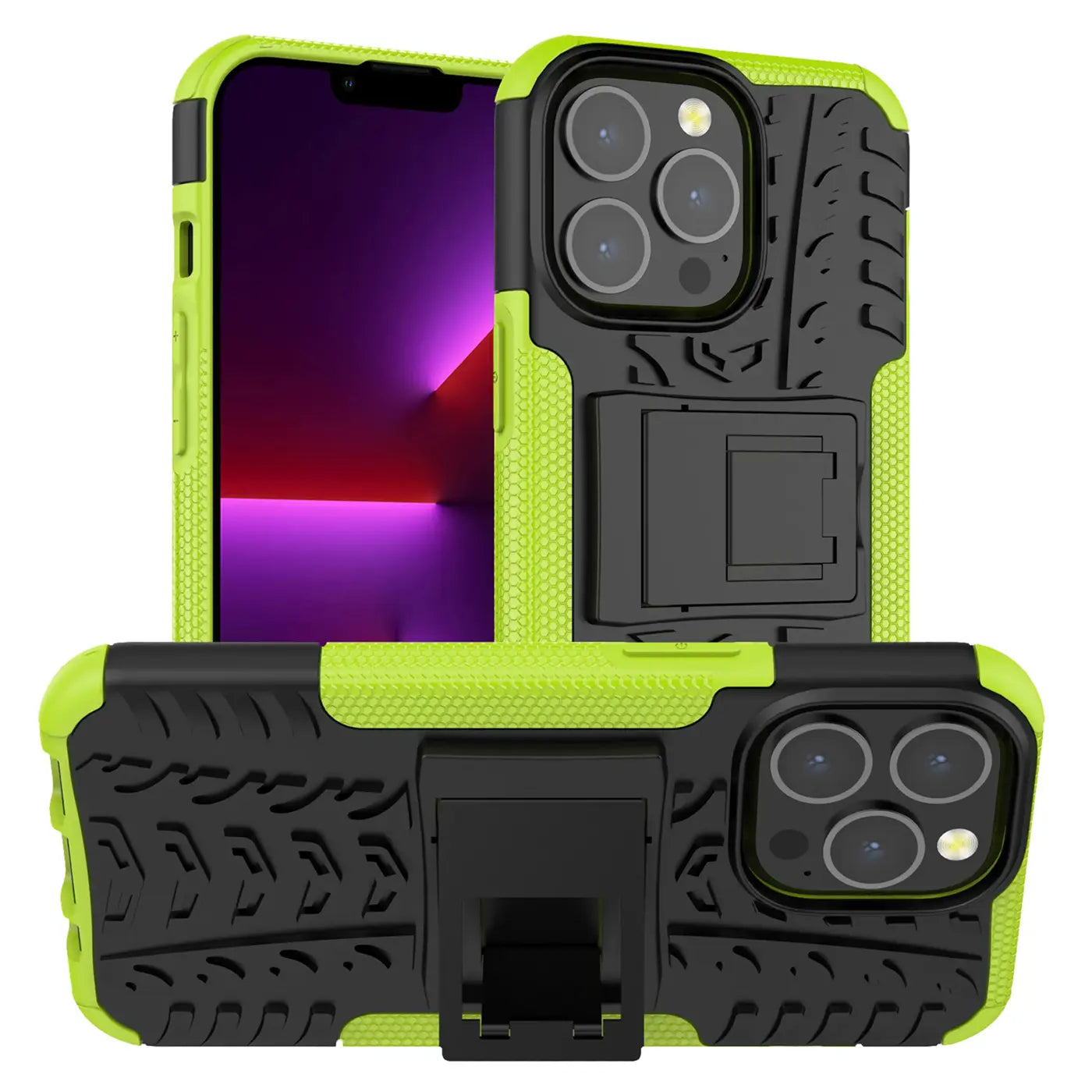Grüne und schwarze Outdoor-Hülle für iPhone 13 Pro, 2-teilig, mit Ständer, von vorne/hinten