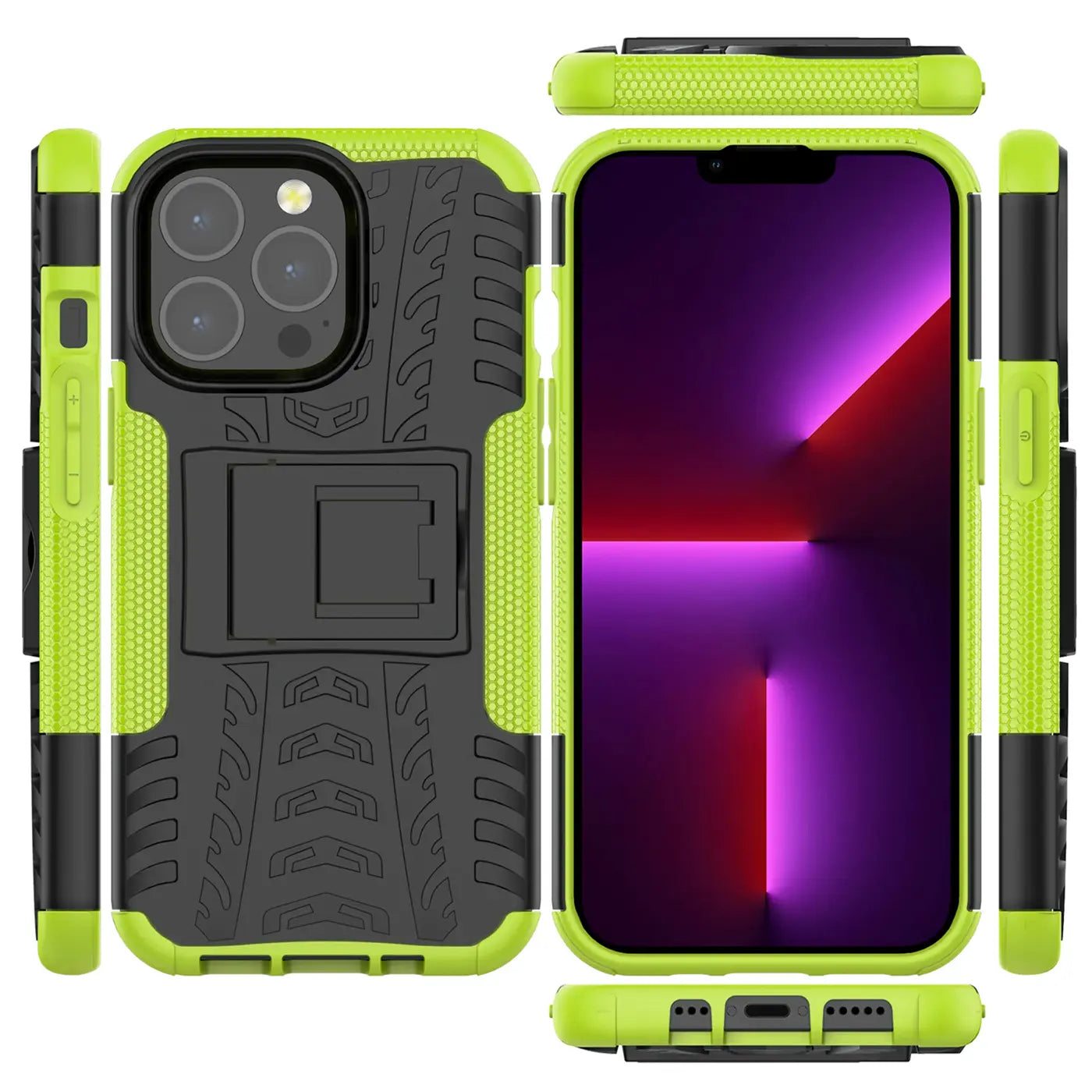 Grüne und schwarze Outdoor-Hülle mit Ständer für iPhone 13 Pro, 2-teilig.