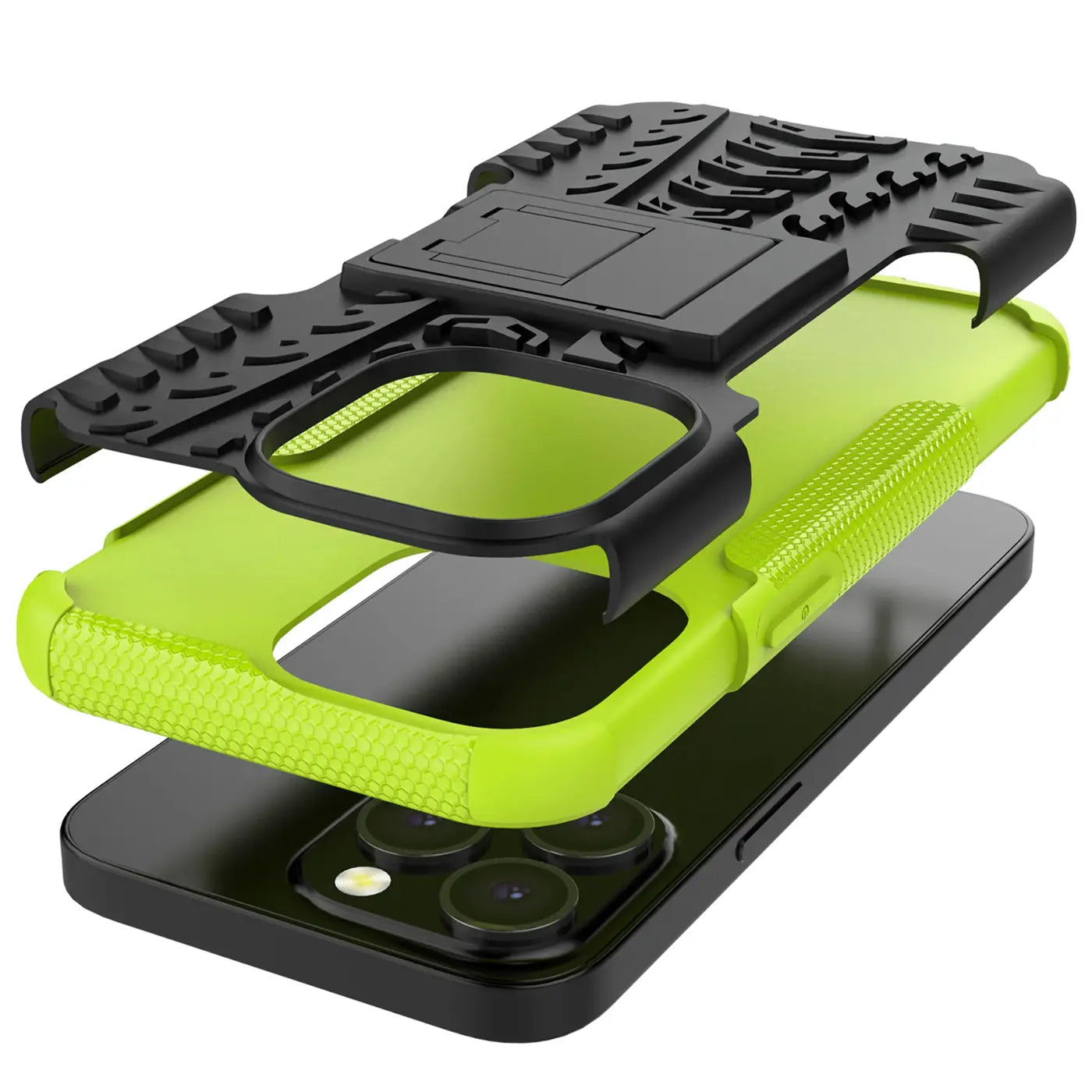 3-teilige Hülle, schwarz/grün, Gummi/Kunststoff, iPhone 13 Pro, Explosionsansicht
