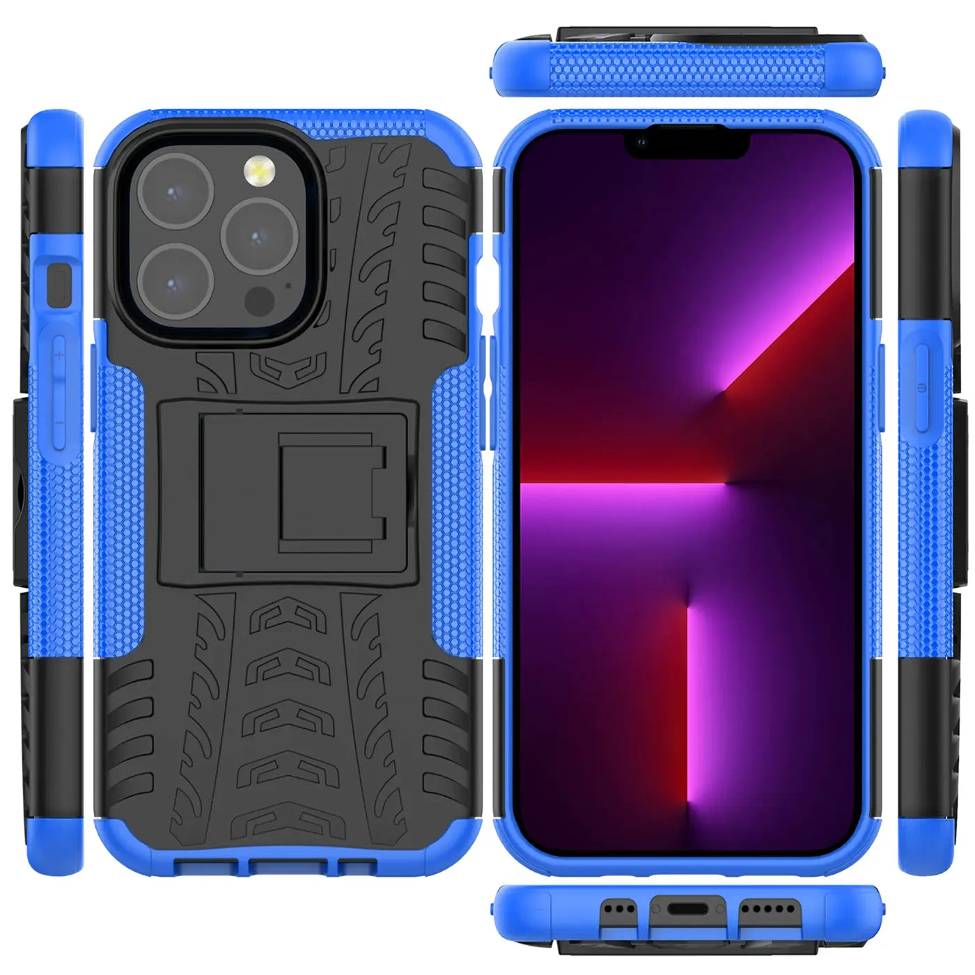 Blaues, zweigeteiltes Outdoor-Case aus Kunststoff mit Ständer für iPhone 13 Pro Max.