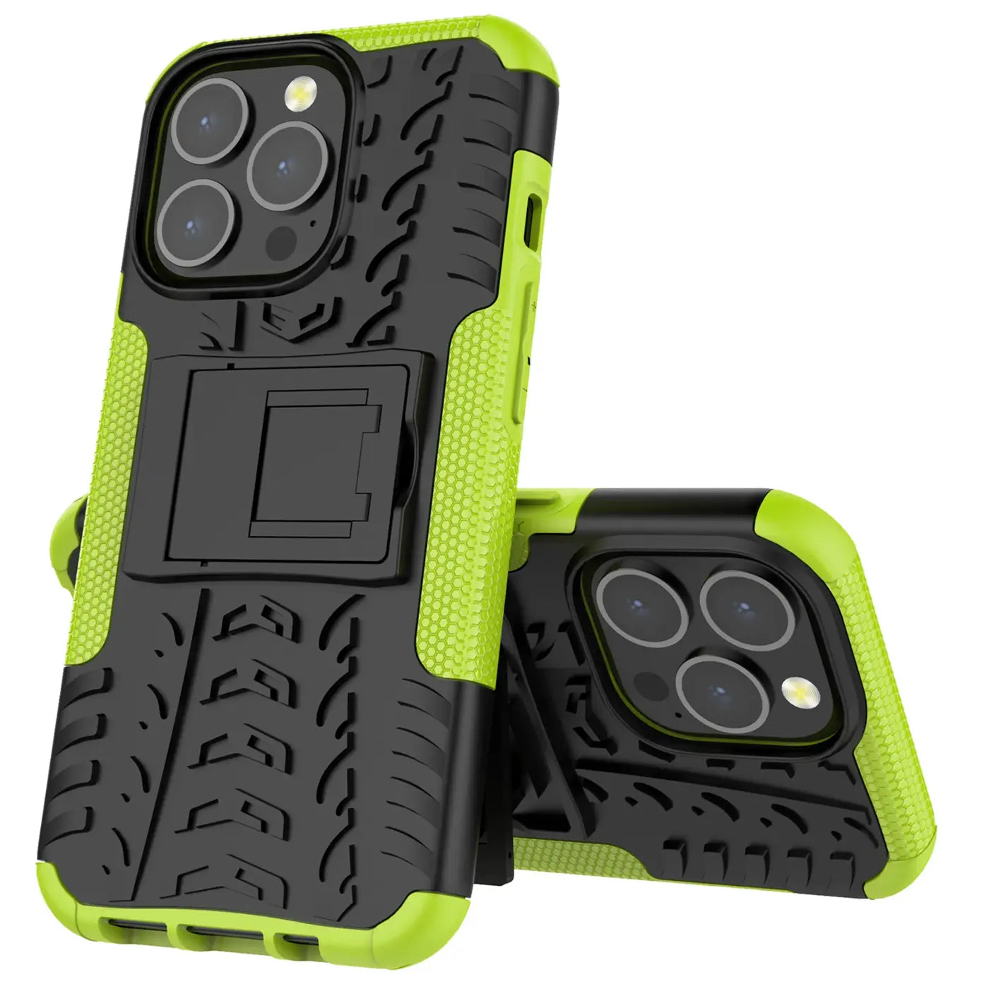 Grüne und schwarze Outdoor-Hülle aus Kunststoff mit Ständer für iPhone 13 Pro Max, von vorne gesehen.