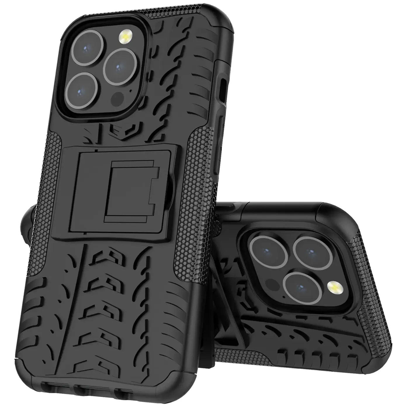 Schwarze iPhone 13 Pro Hülle, 2-teilig, Stoßfest, mit Ständer, Vorderansicht.