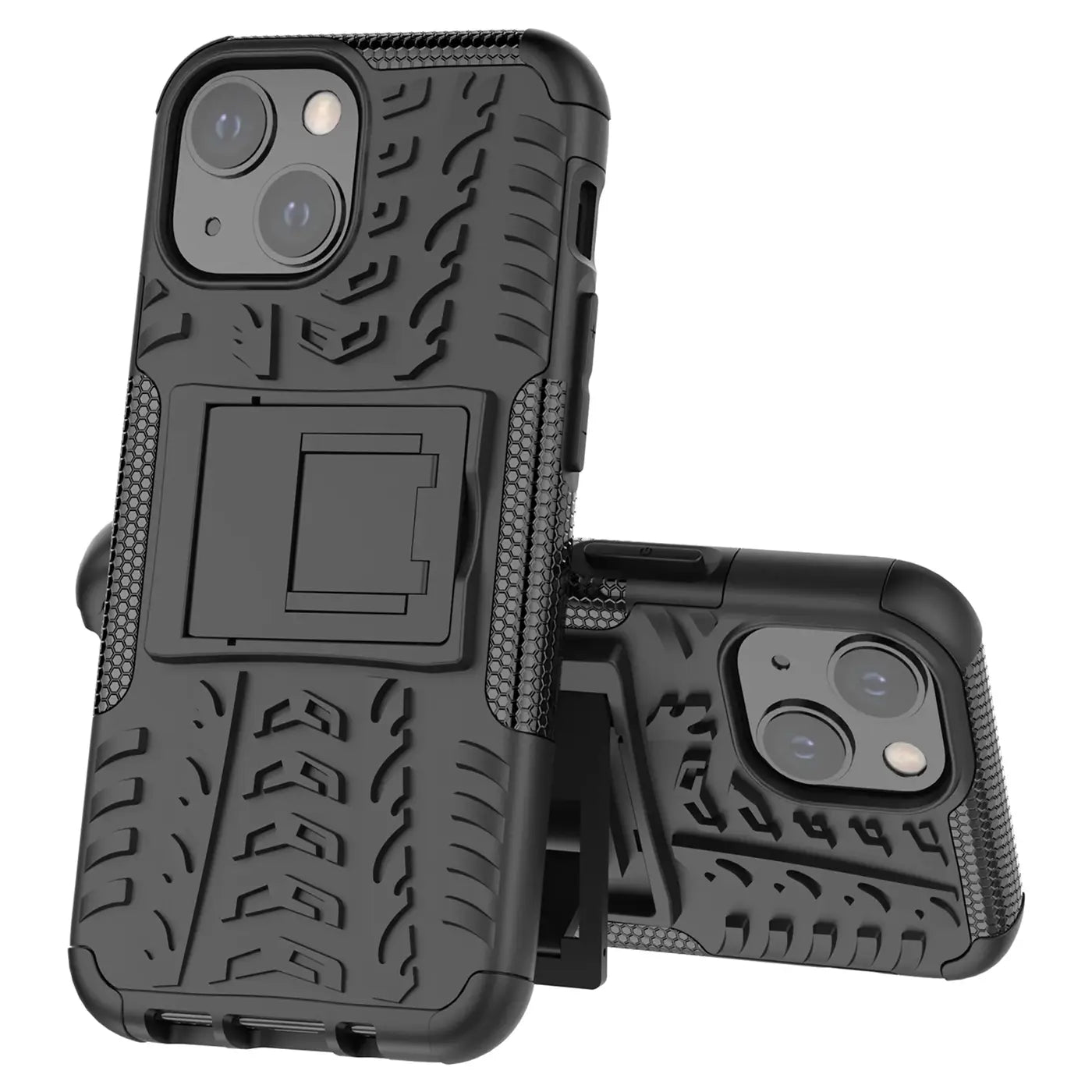 Schwarze Outdoor-Hülle aus Kunststoff für iPhone 13 mit Ständer, von vorne schräg