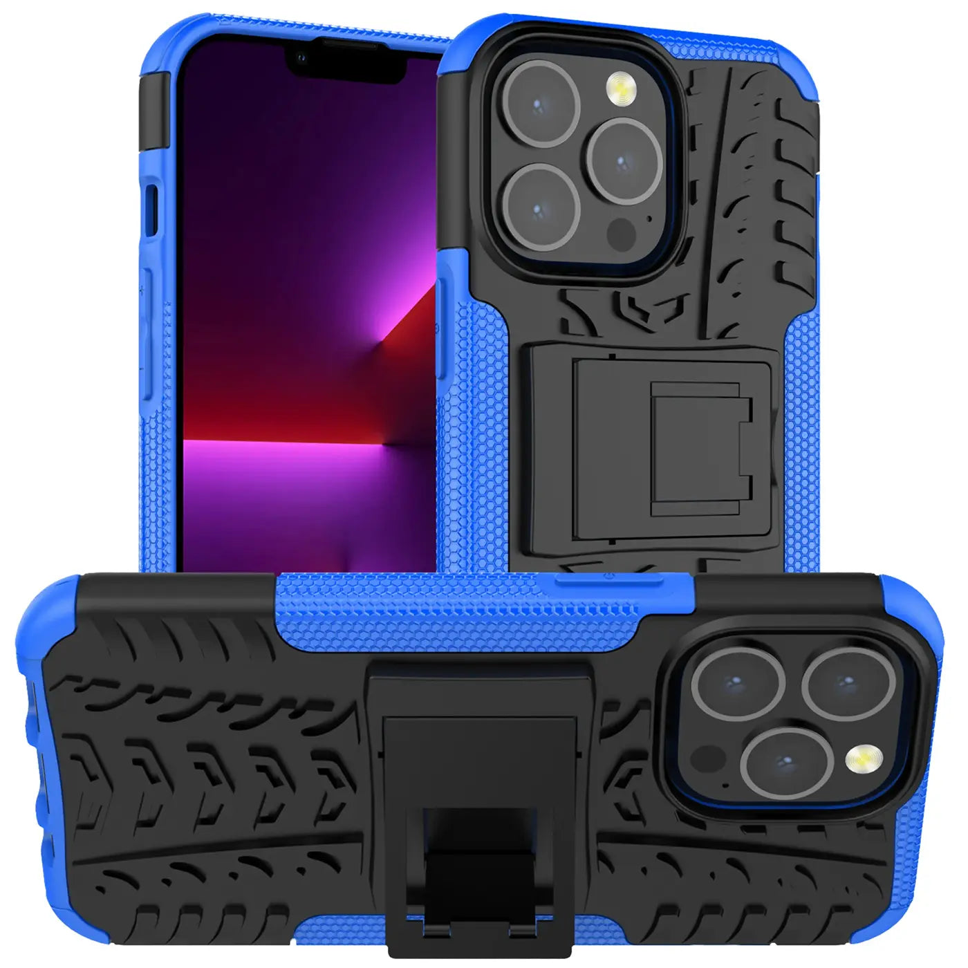 Blaues, stoßfestes 2-teiliges iPhone 14 Pro Max Case mit Ständer, von vorne und hinten gezeigt.
